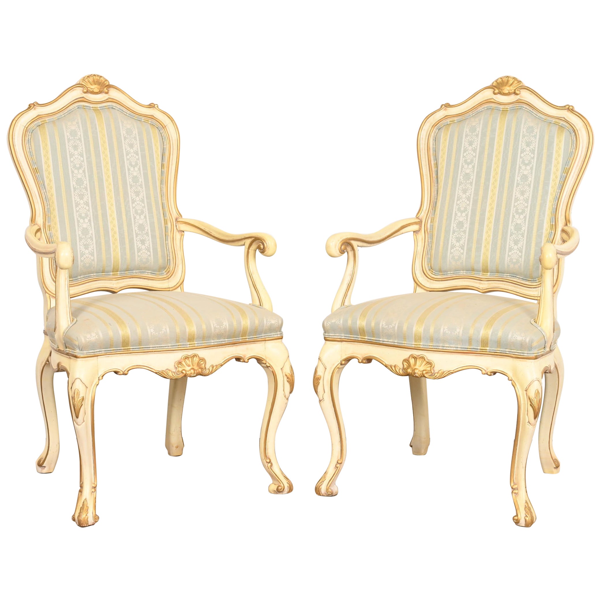 Karges French Rococo Louis XV Cream Lacquered and Gold Gilt Fauteuils, Pair