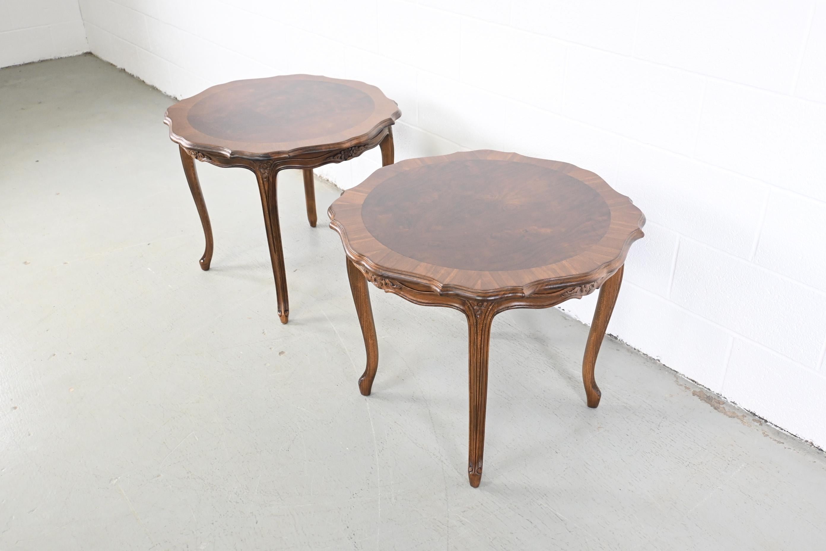 American Karges Furniture French Provincial Burled Walnut End Tables, a Pair For Sale