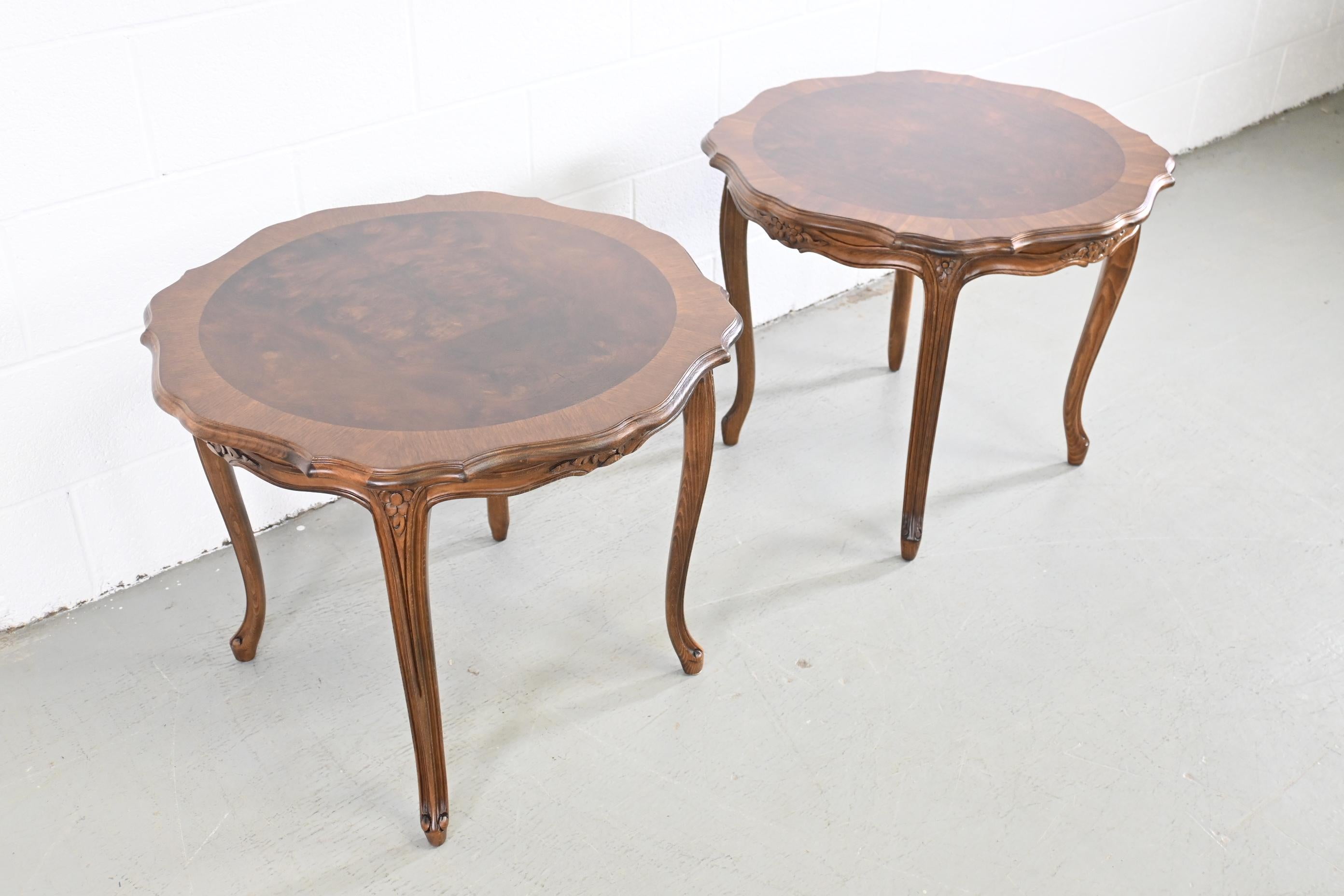 Lacquered Karges Furniture French Provincial Burled Walnut End Tables, a Pair For Sale