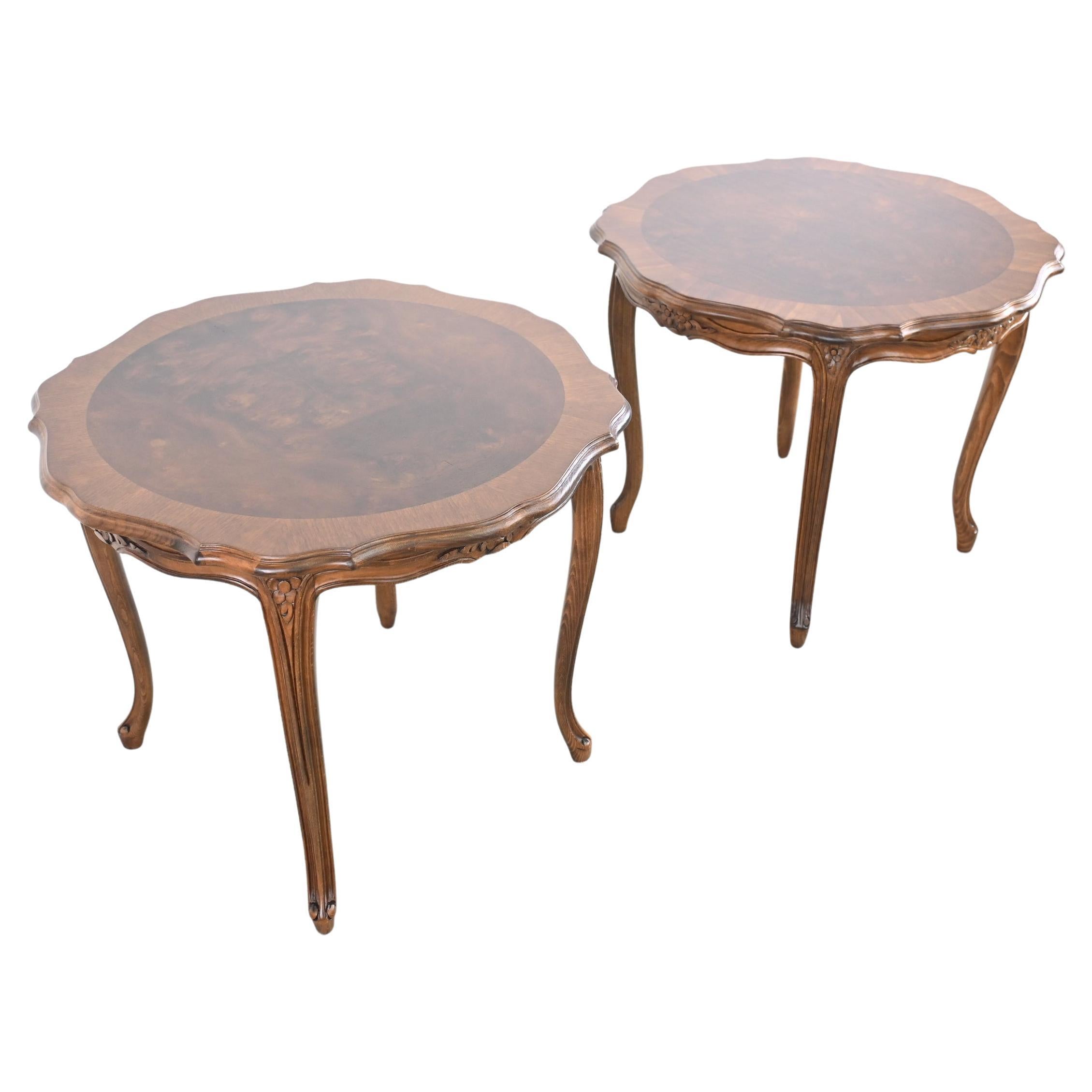 Karges Furniture French Provincial Burled Walnut End Tables, a Pair For Sale