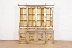 Karges Furniture Style Chinoiserie Silver Gilt Breakfront Bookcase Cabinet