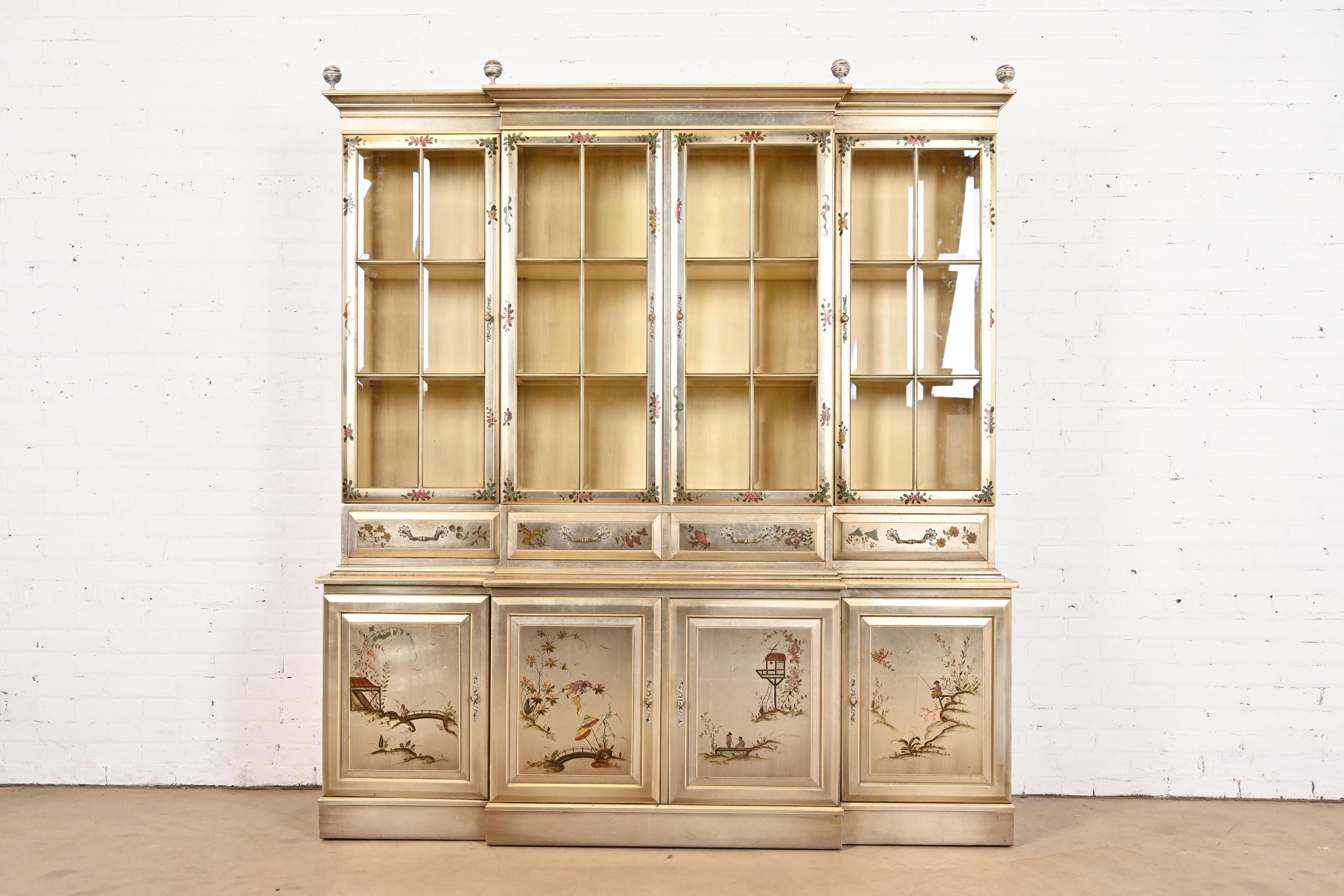 American Karges Furniture Style Chinoiserie Silver Gilt Breakfront Bookcase Cabinet