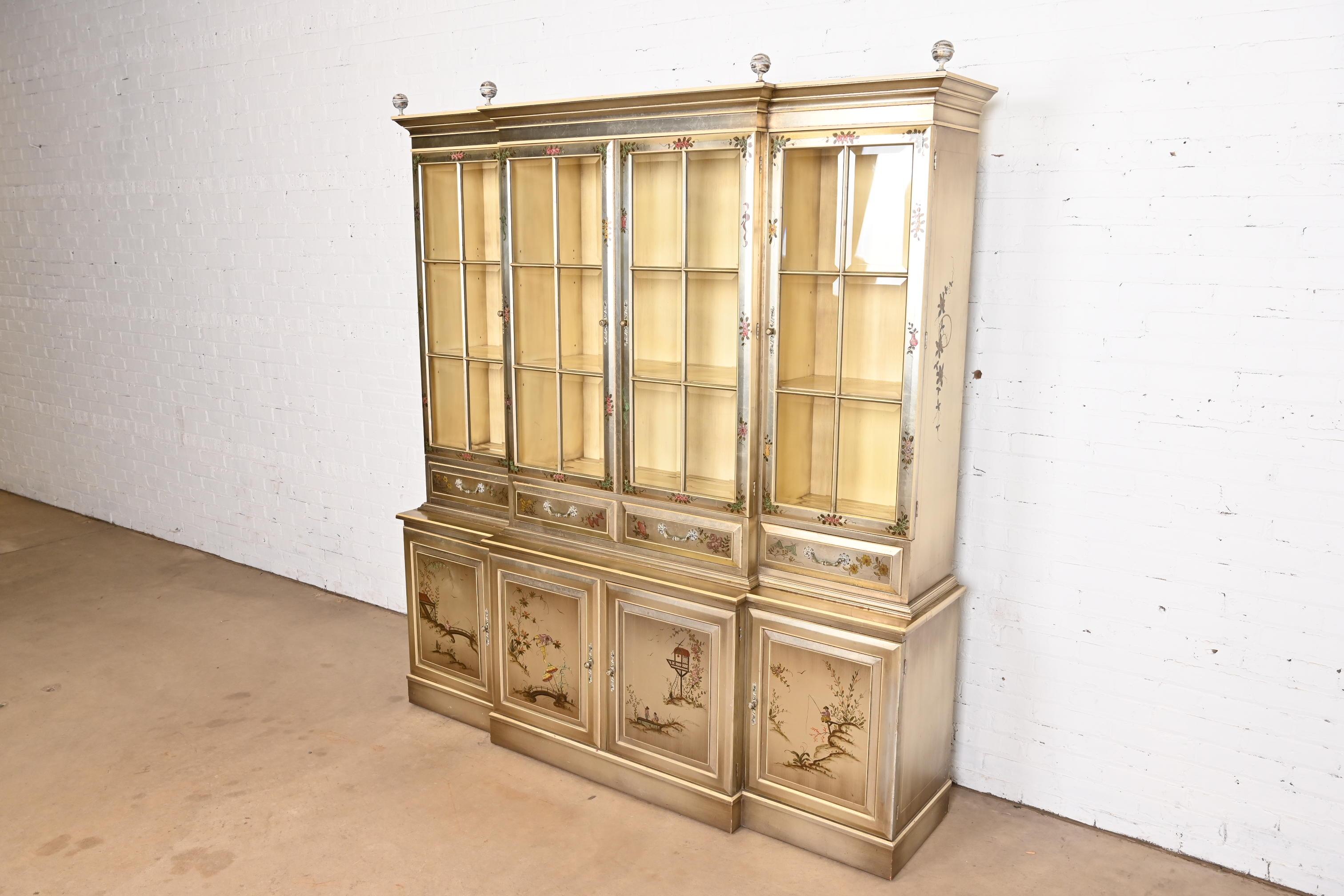 Karges Furniture Style Chinoiserie Silver Gilt Breakfront Bookcase Cabinet In Good Condition In South Bend, IN