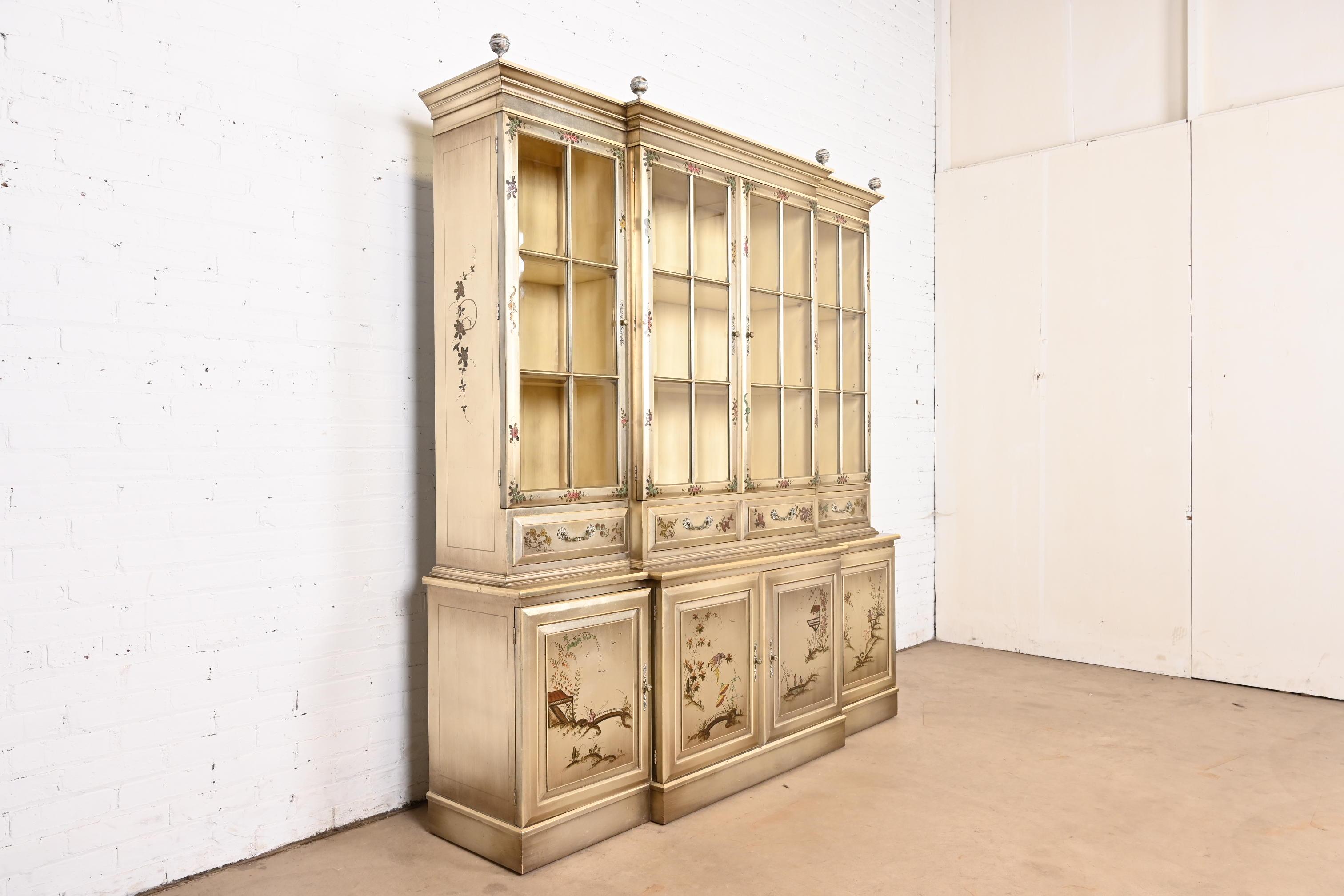 Mid-20th Century Karges Furniture Style Chinoiserie Silver Gilt Breakfront Bookcase Cabinet