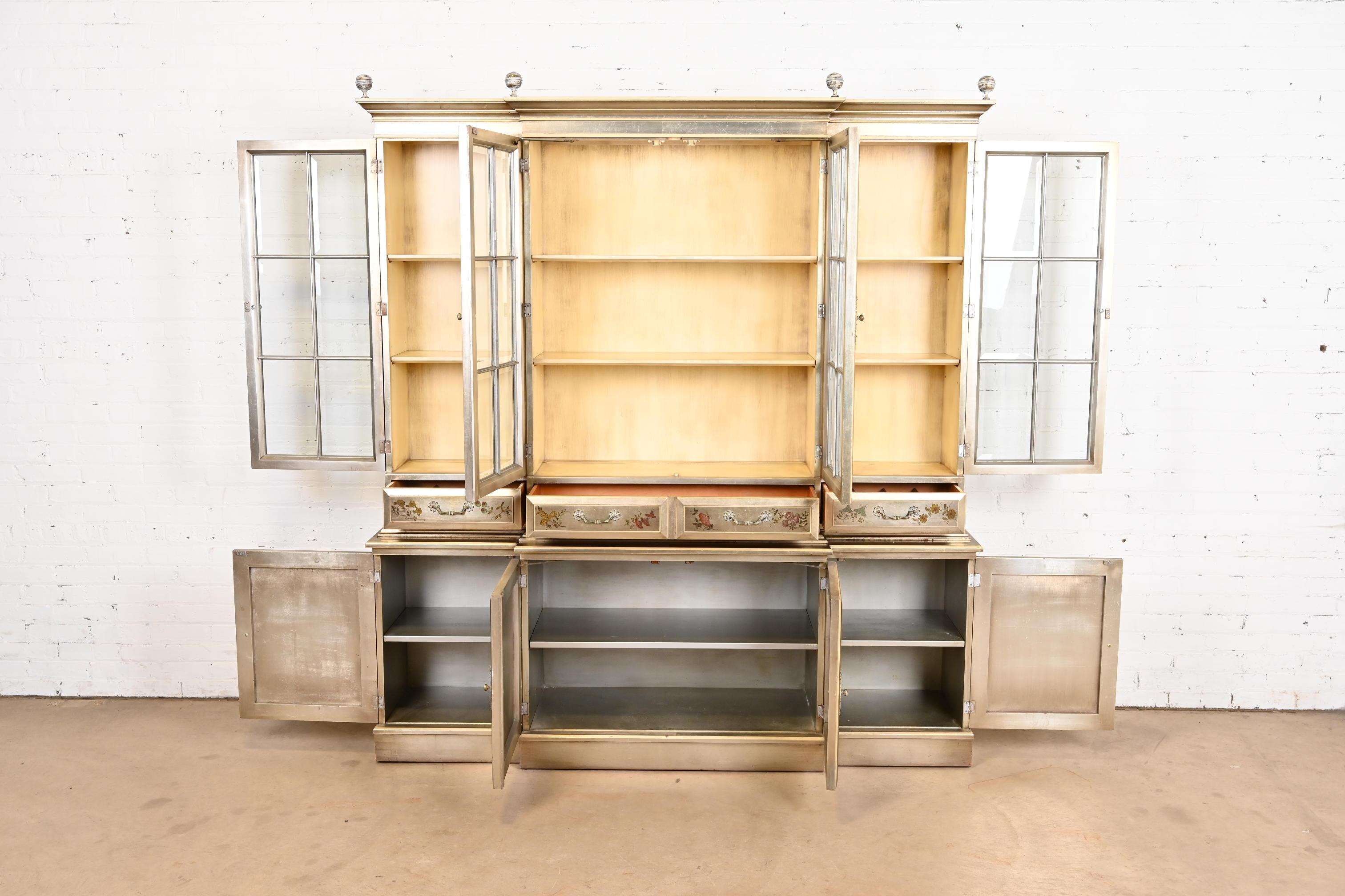 Brass Karges Furniture Style Chinoiserie Silver Gilt Breakfront Bookcase Cabinet