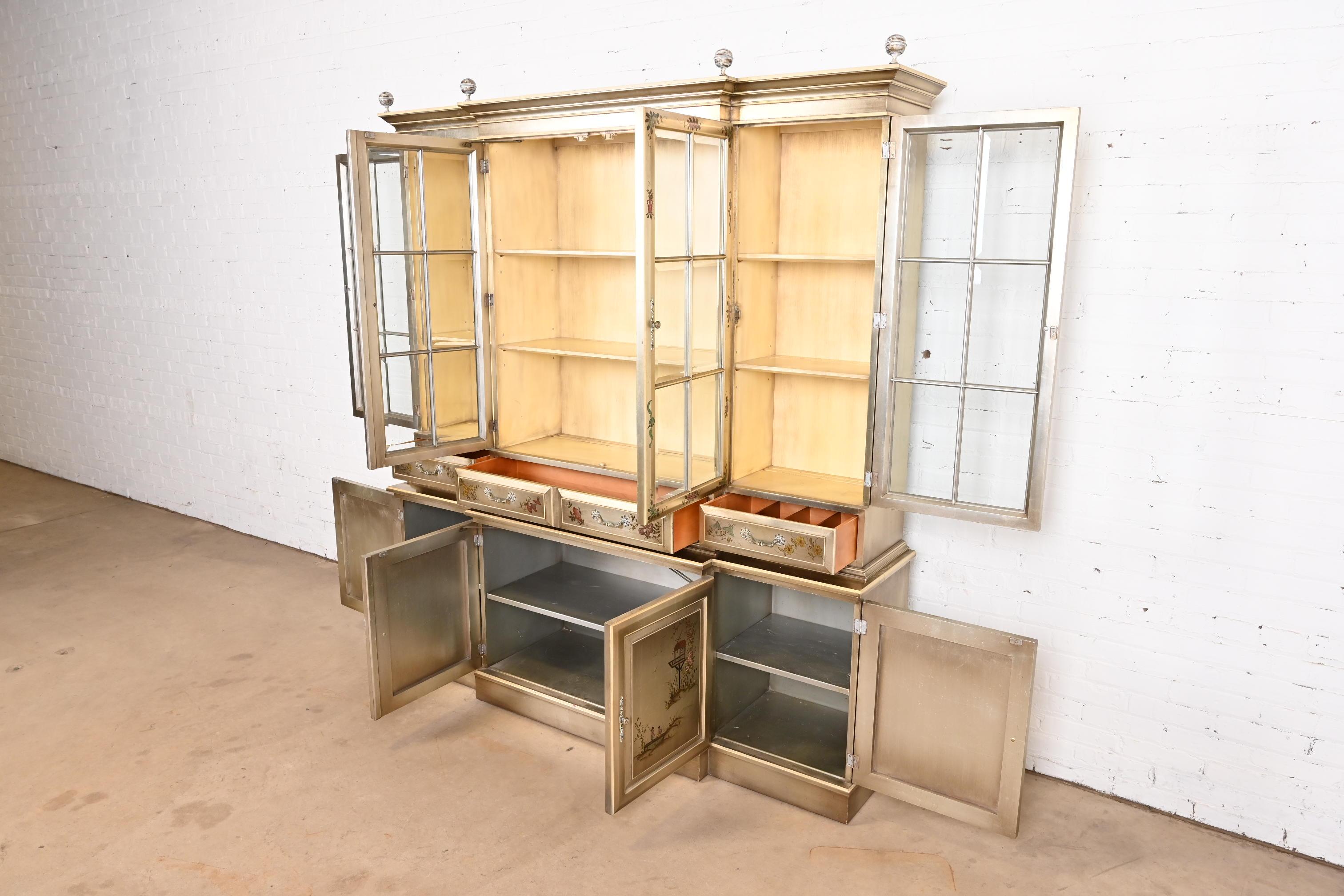 Karges Furniture Style Chinoiserie Silver Gilt Breakfront Bookcase Cabinet 1