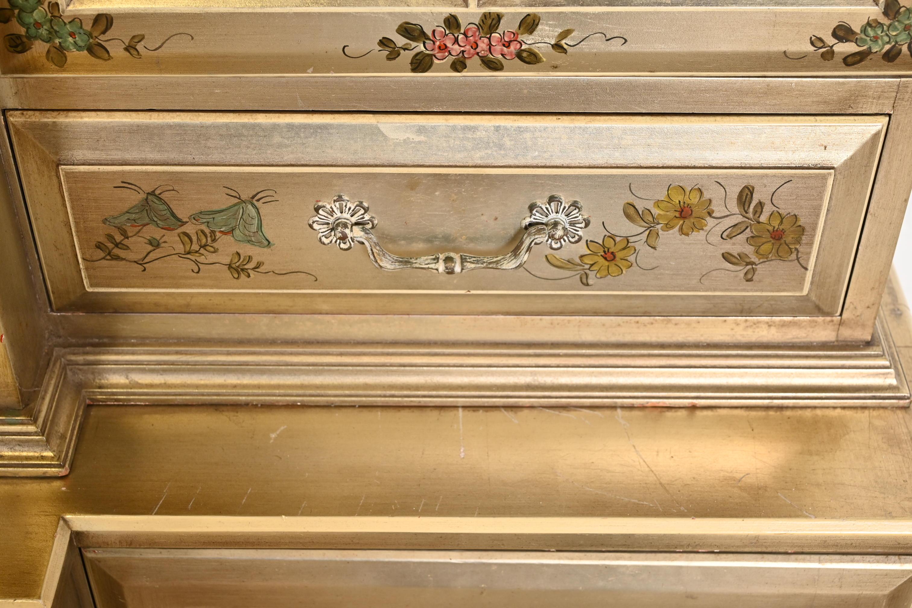 Karges Furniture Style Chinoiserie Silver Gilt Breakfront Bookcase Cabinet 2