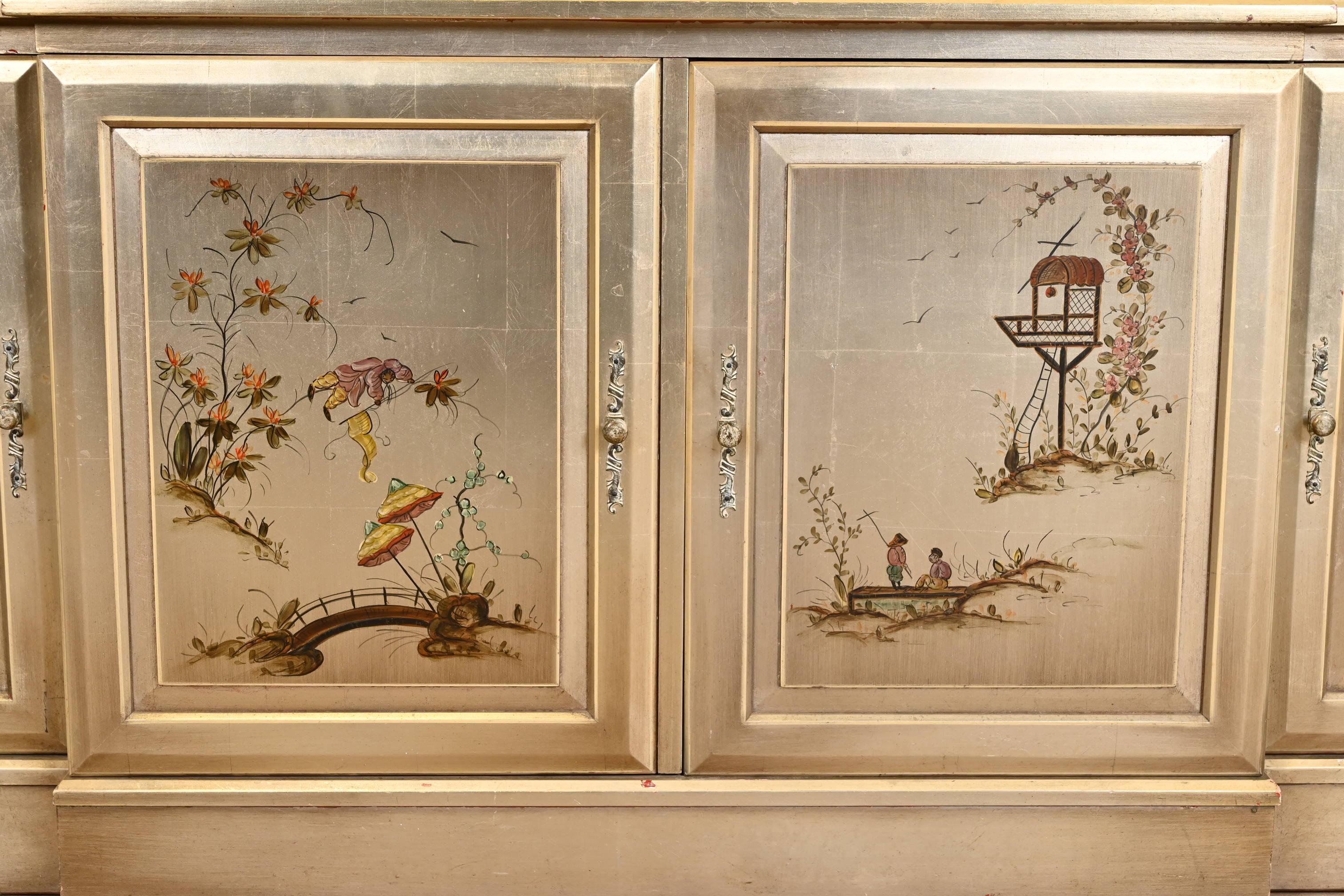 Karges Furniture Style Chinoiserie Silver Gilt Breakfront Bookcase Cabinet 3