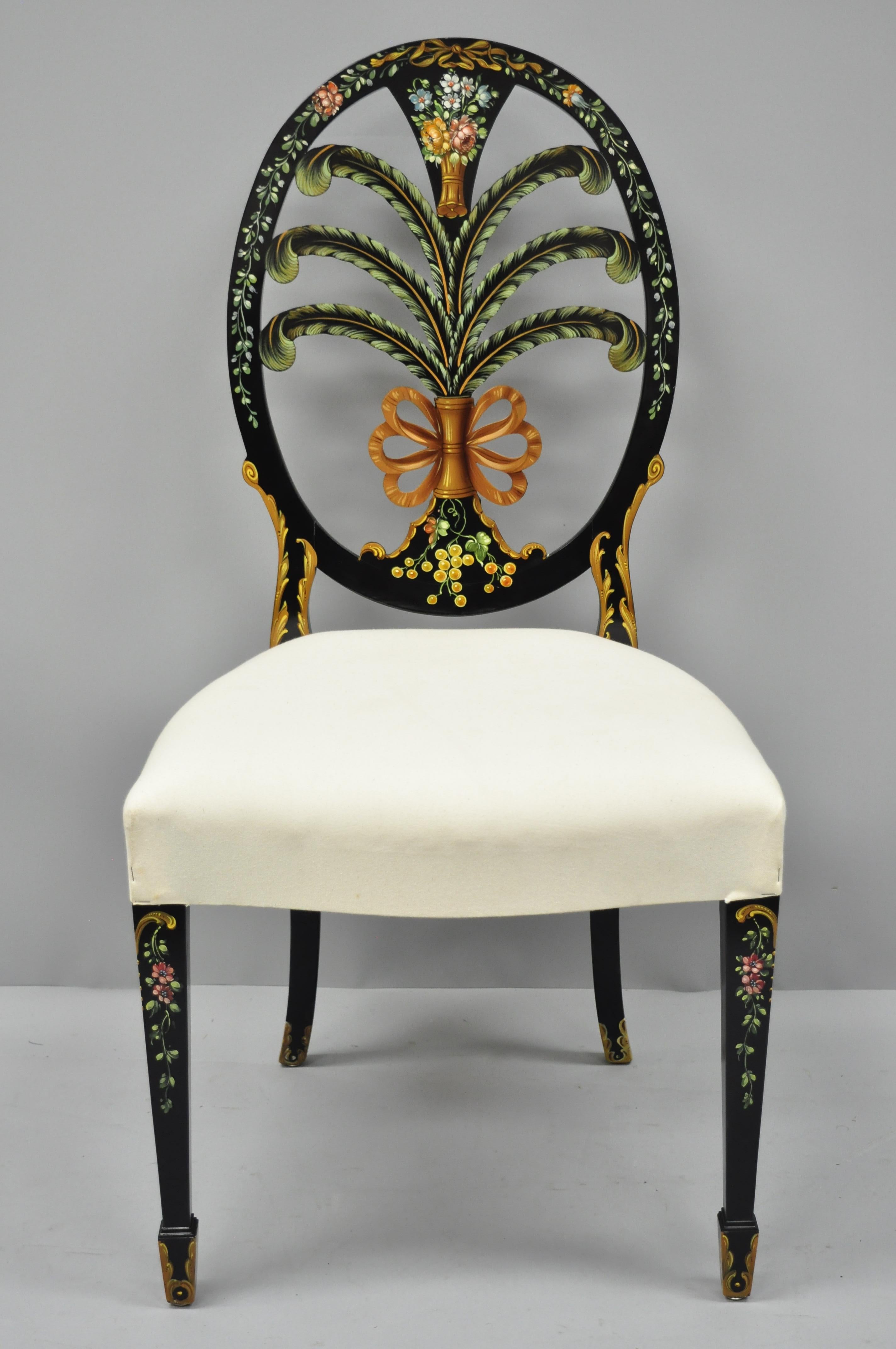 Hand-painted Adams style plume carved ebonized side chair by Karges. Item features hand-painted floral decorated frame, ebonized finish, plume and ribbon carvings, fully painted on all sides including the back, and solid wood construction, circa
