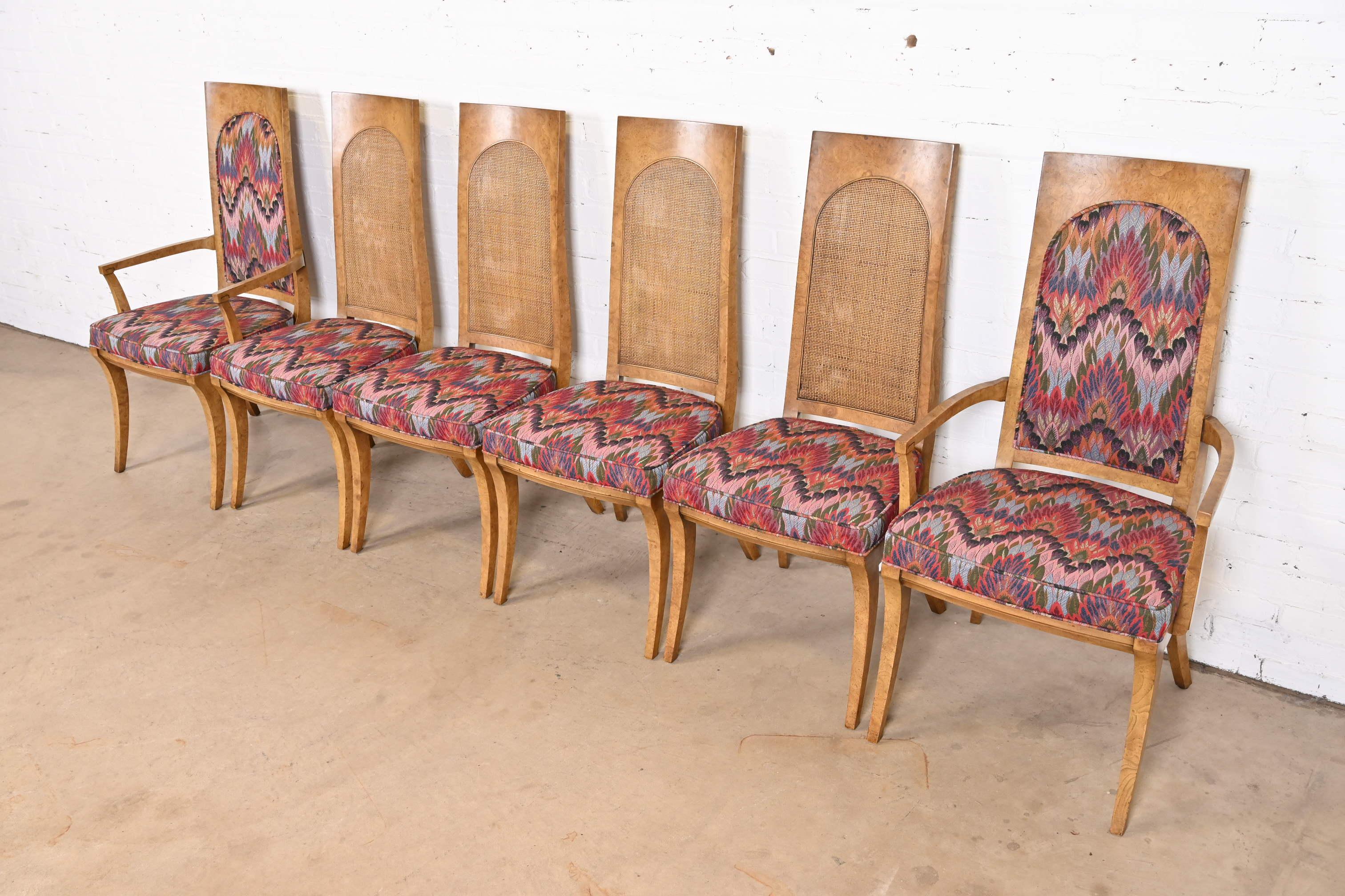 Mid-Century Modern Karges Hollywood Regency Burl Wood, Cane, and Upholstered Dining Chairs, Six