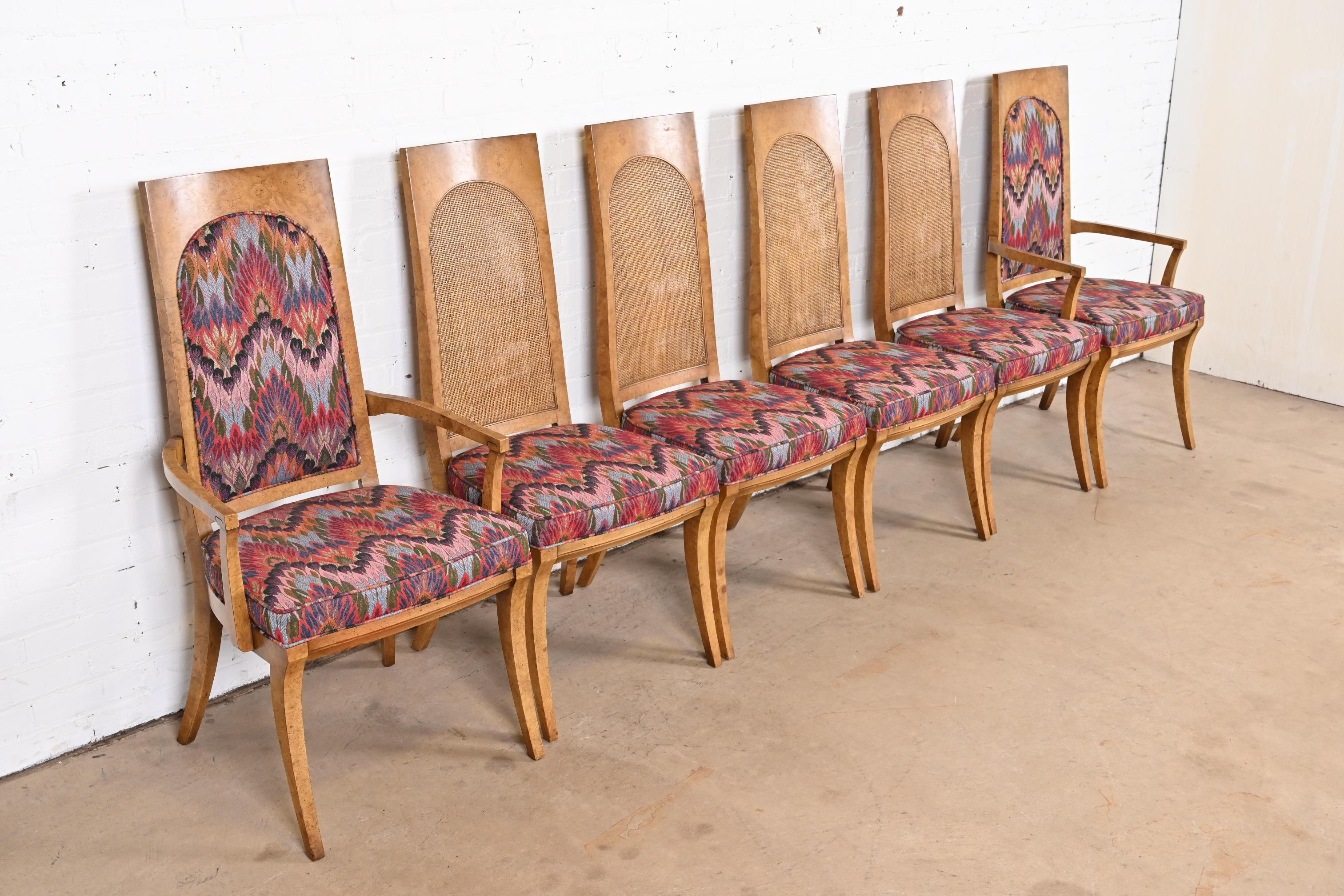 Karges Hollywood Regency Burl Wood, Cane, and Upholstered Dining Chairs, Six In Good Condition In South Bend, IN
