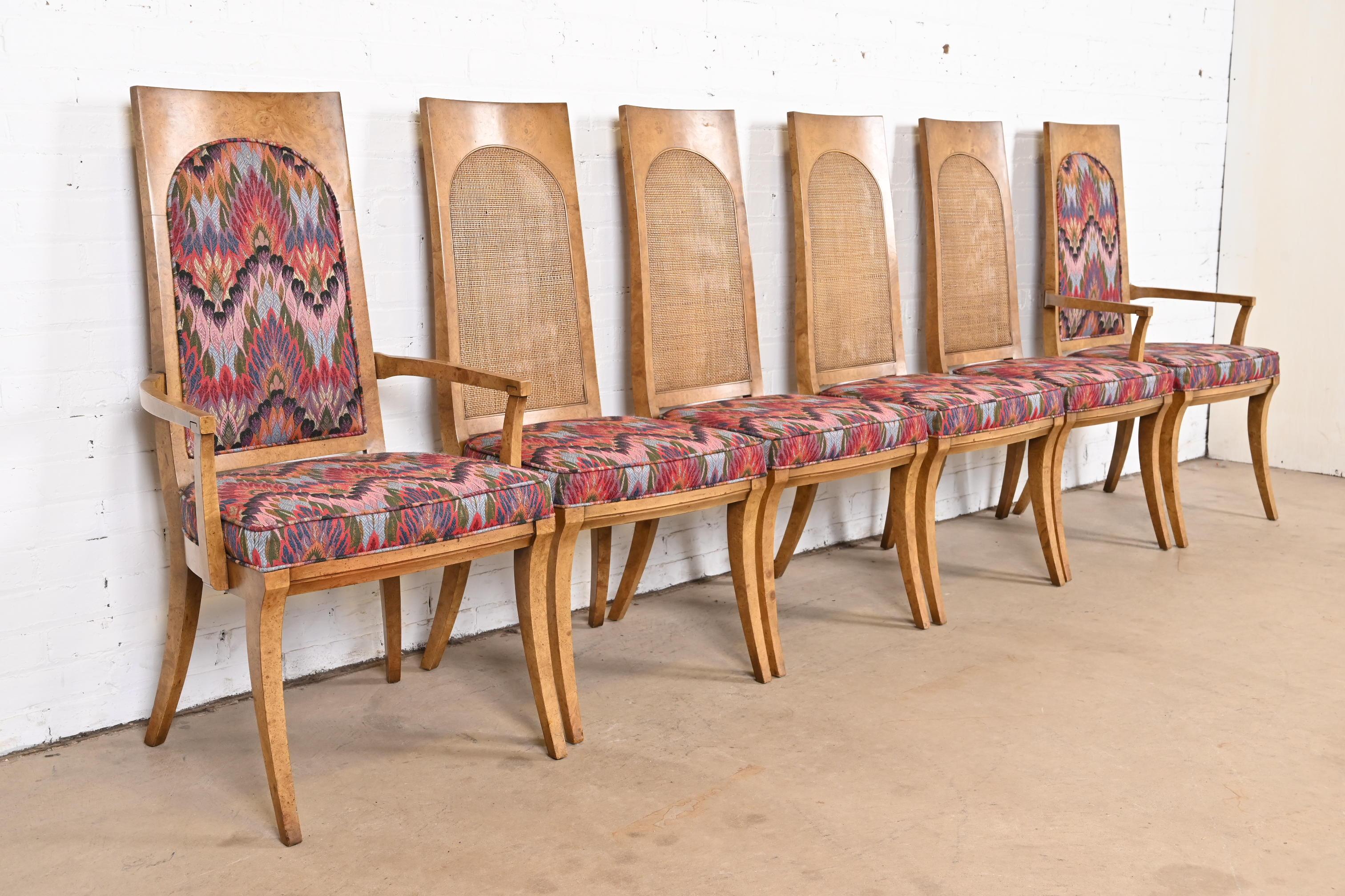 Mid-20th Century Karges Hollywood Regency Burl Wood, Cane, and Upholstered Dining Chairs, Six