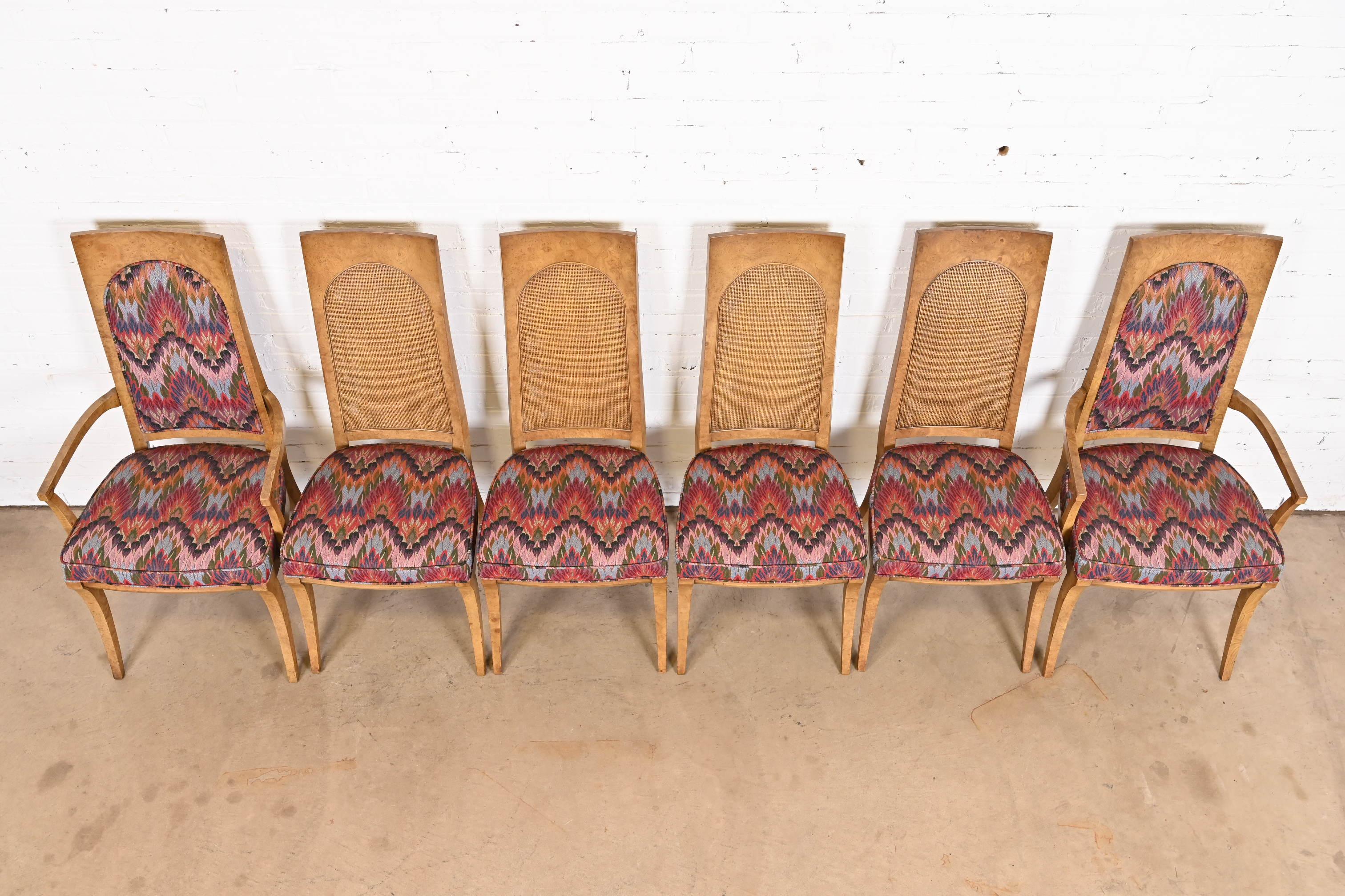 Upholstery Karges Hollywood Regency Burl Wood, Cane, and Upholstered Dining Chairs, Six