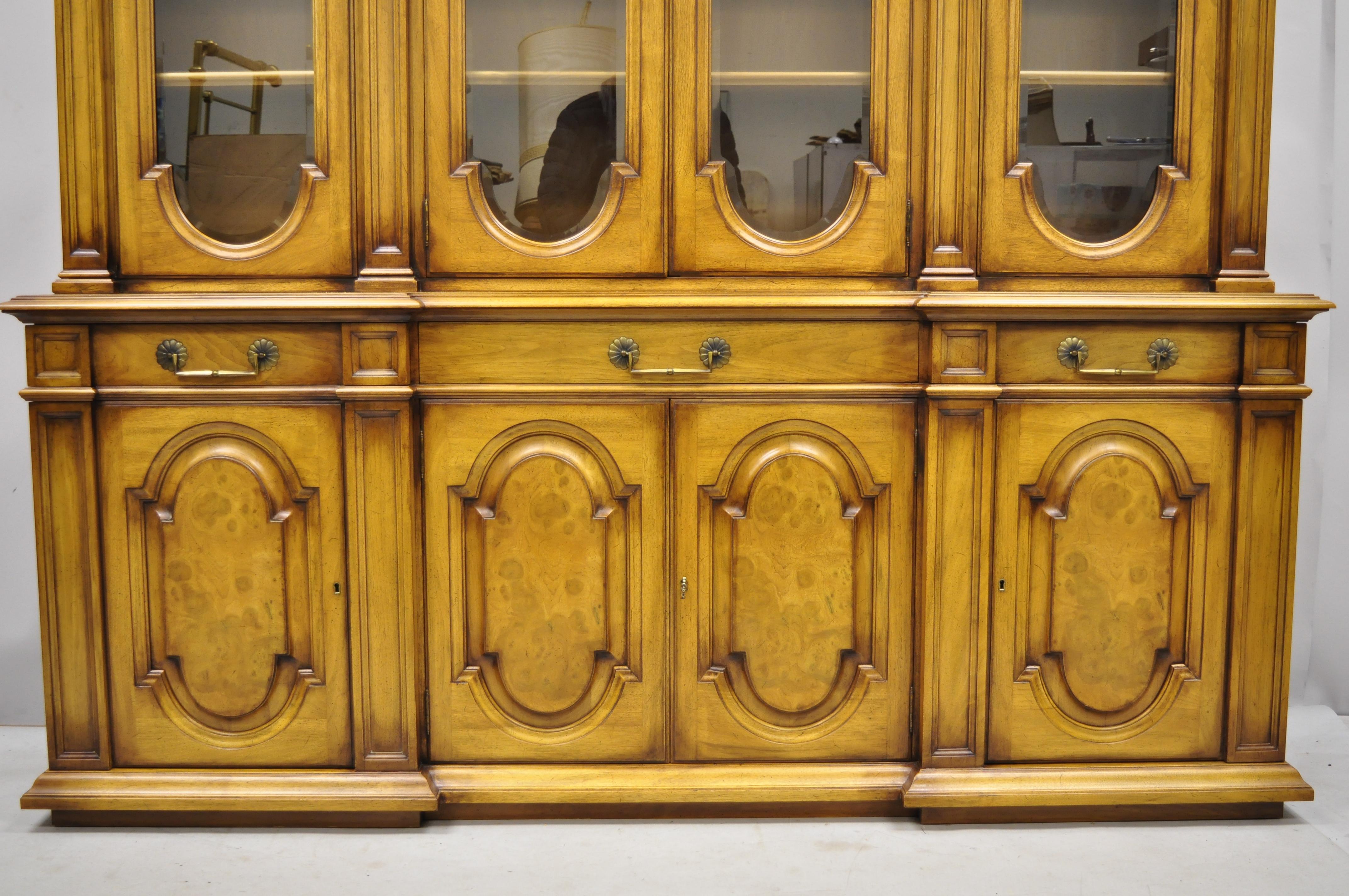 French Provincial Karges Italian Provincial Large Fruitwood Burl Wood Breakfront China Cabinet