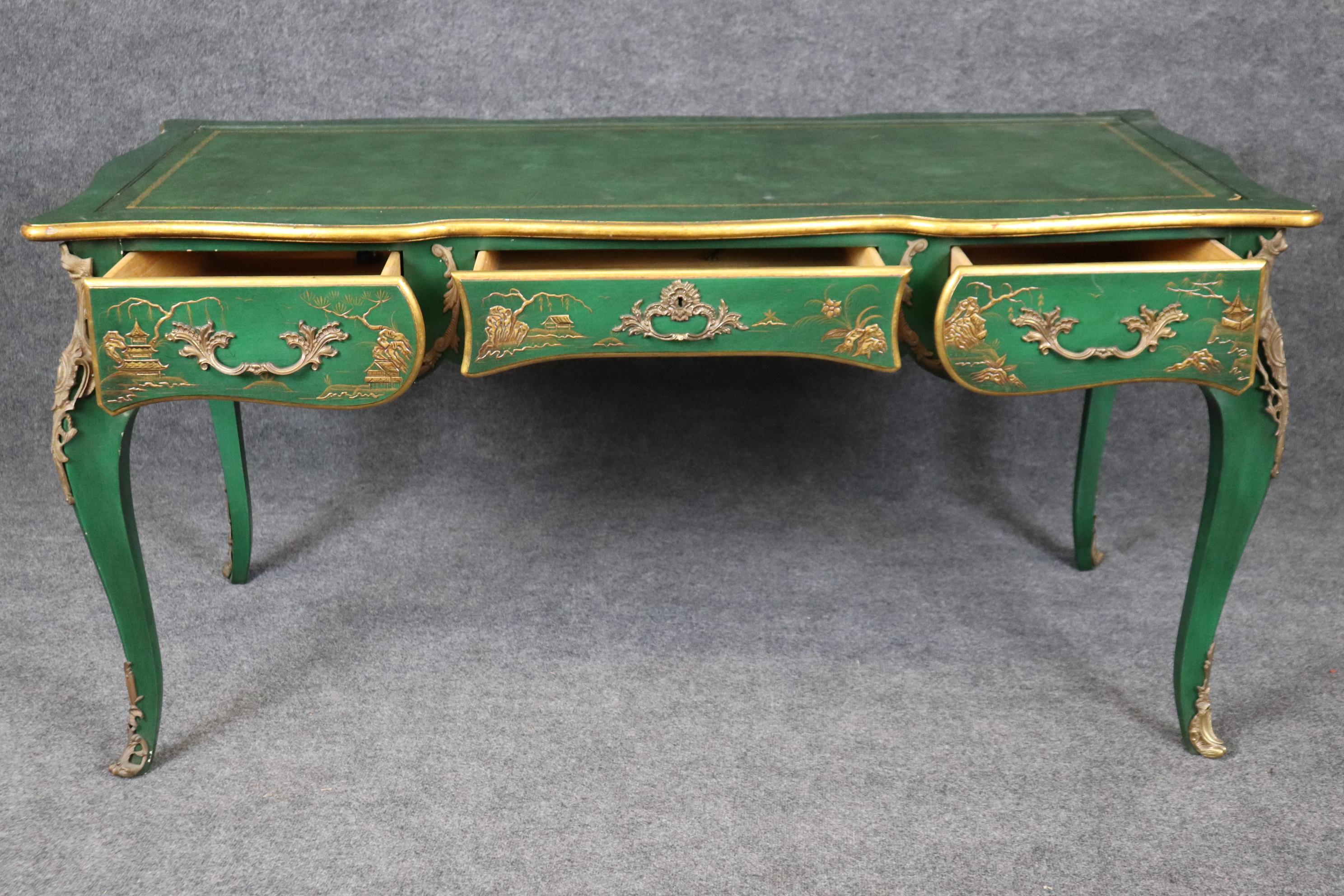 Karges Louis XV Style Green Chinoiserie Style Leather Top Desk 6