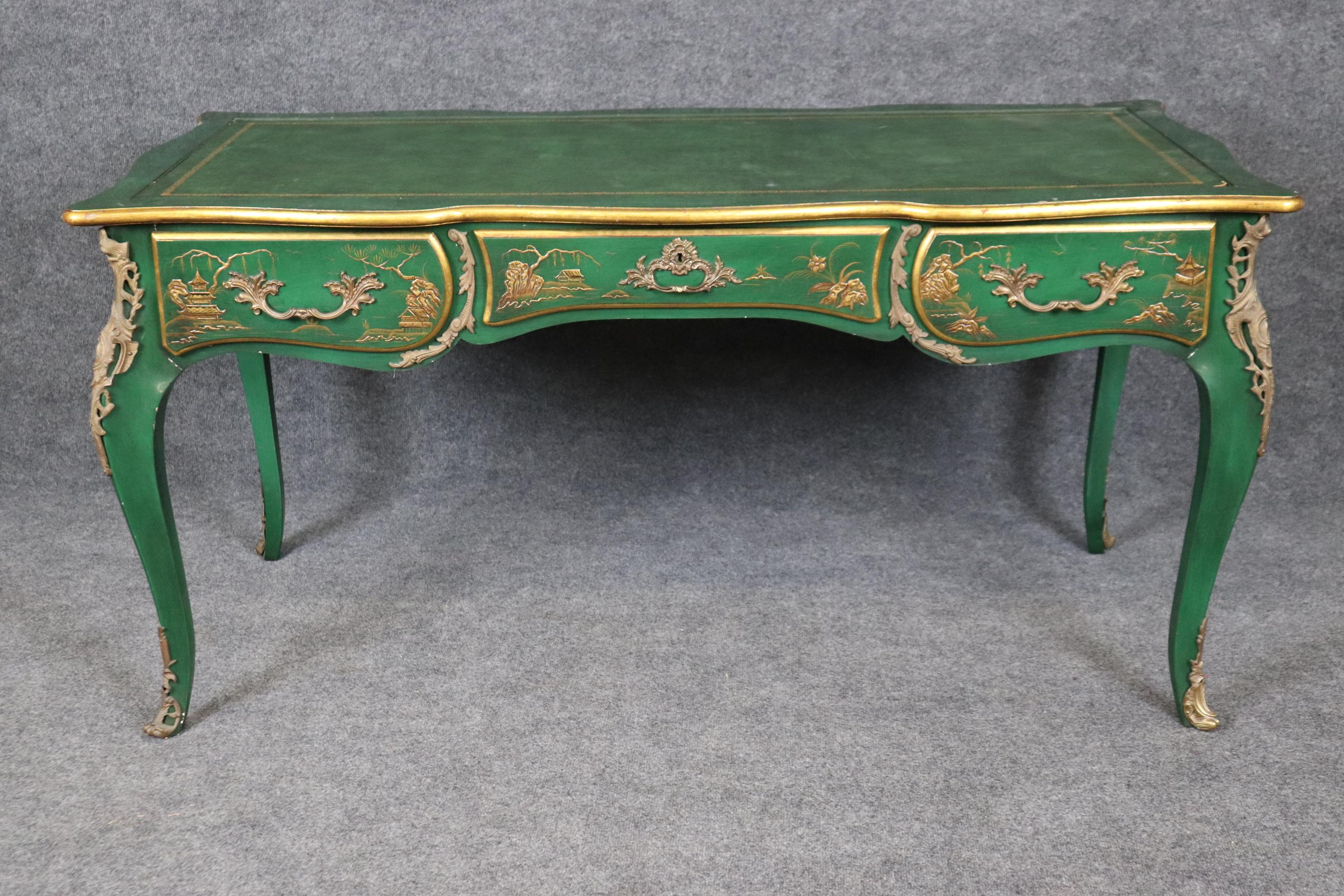 Karges Louis XV Style Green Chinoiserie Style Leather Top Desk In Good Condition In Swedesboro, NJ