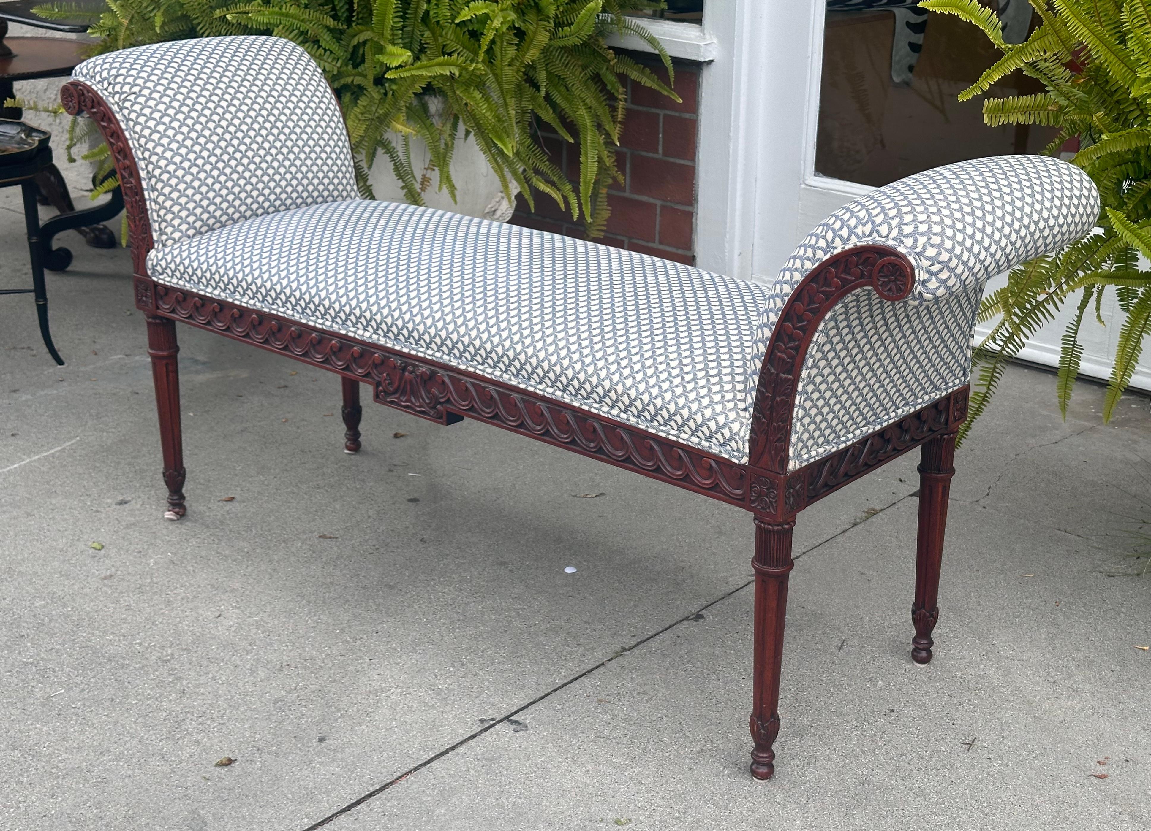 Karges Louis XVI Style Carved Fruitwood Roll Arm Bench In Good Condition For Sale In LOS ANGELES, CA
