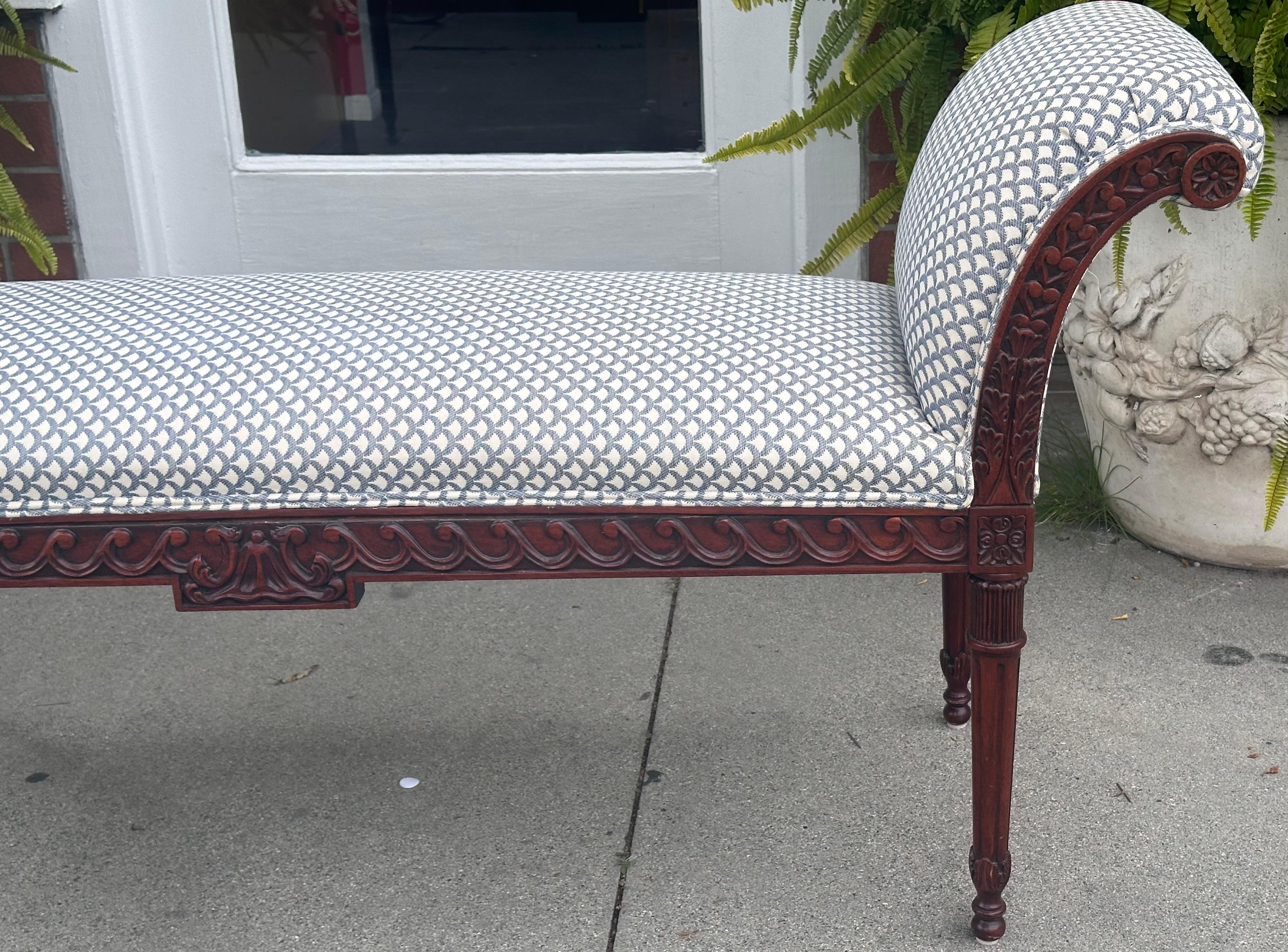 Late 20th Century Karges Louis XVI Style Carved Fruitwood Roll Arm Bench For Sale