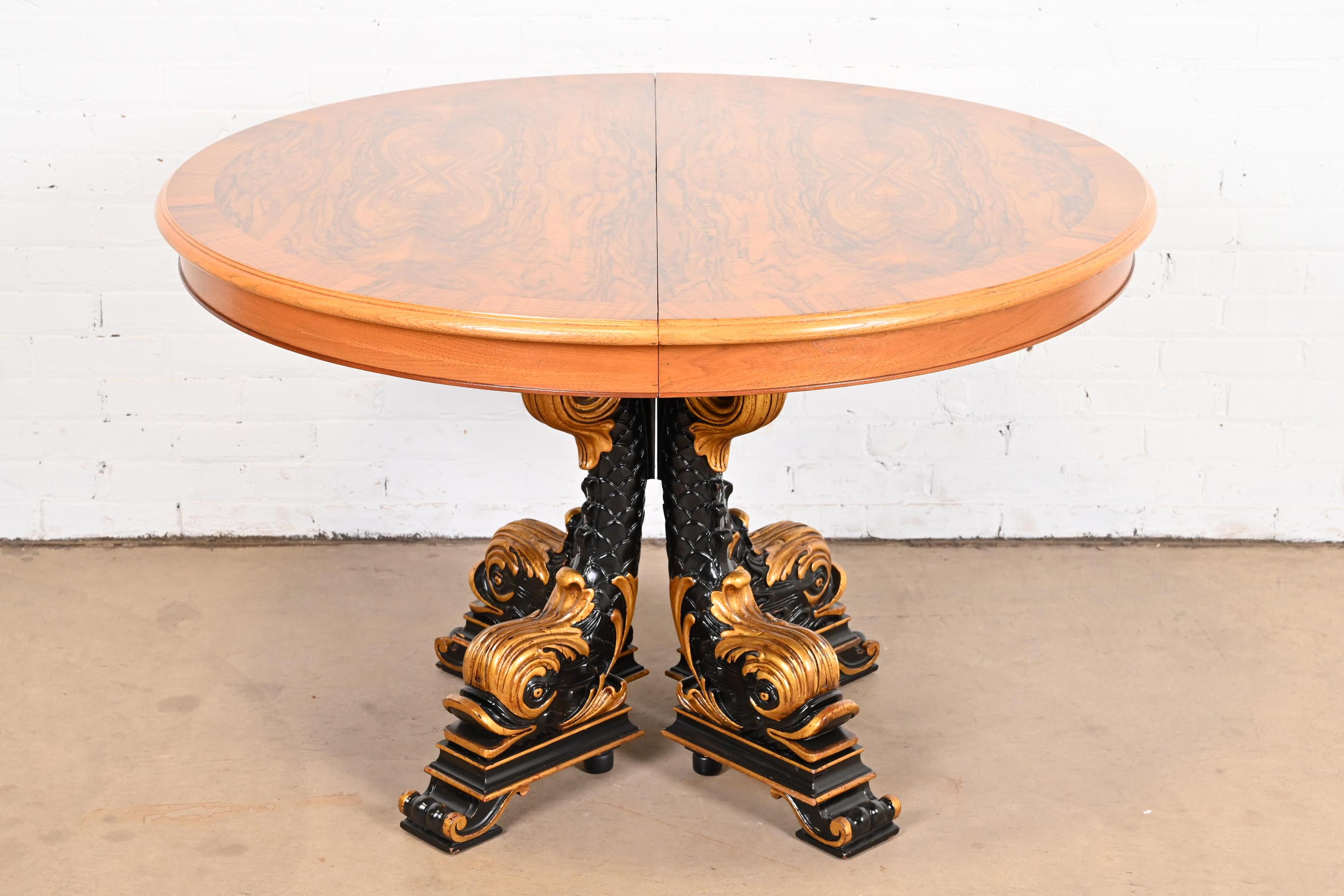 Karges Regency Burled Walnut Dolphin Base Extension Dining Table, Newly Restored 5