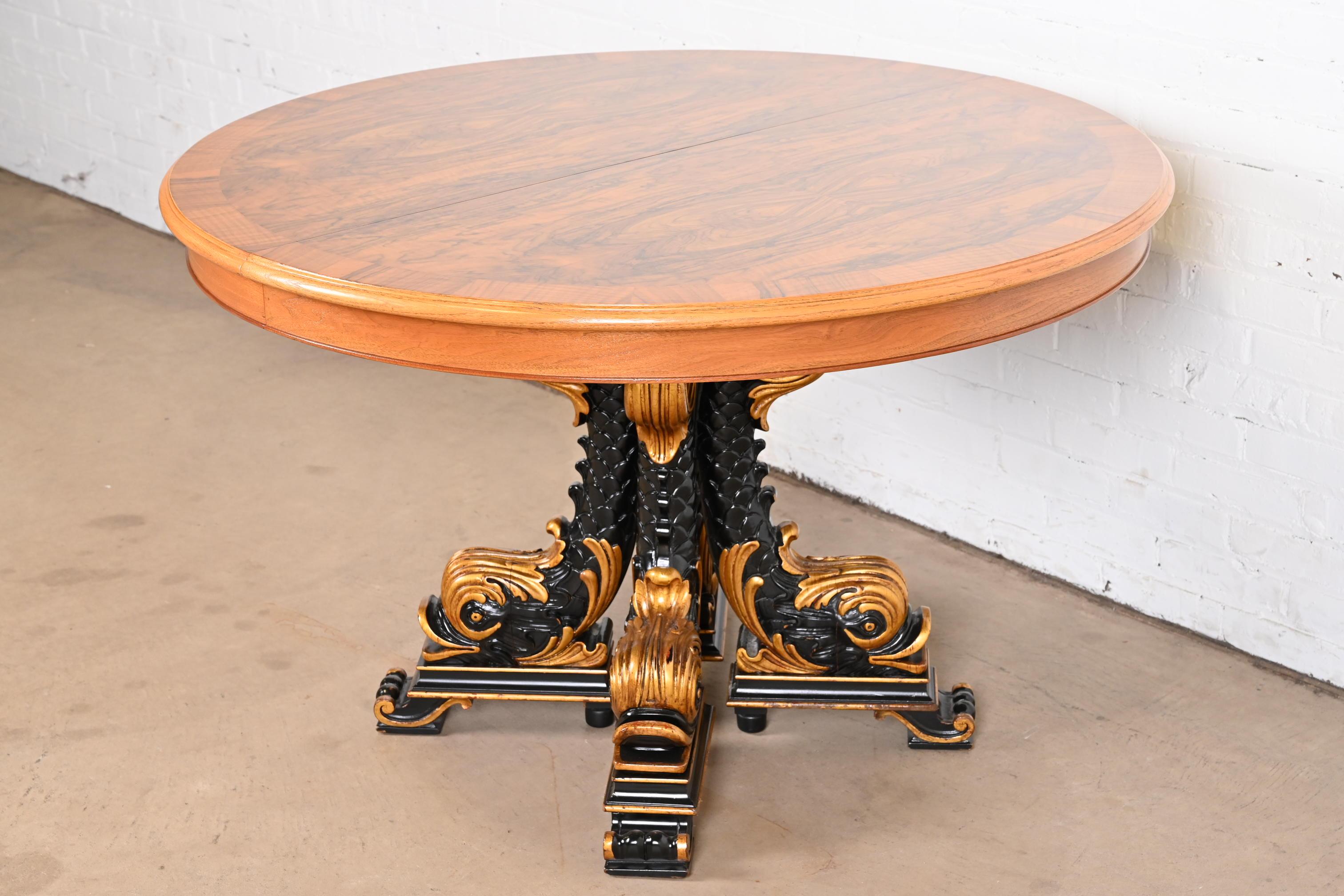 Karges Regency Burled Walnut Dolphin Base Extension Dining Table, Newly Restored 6