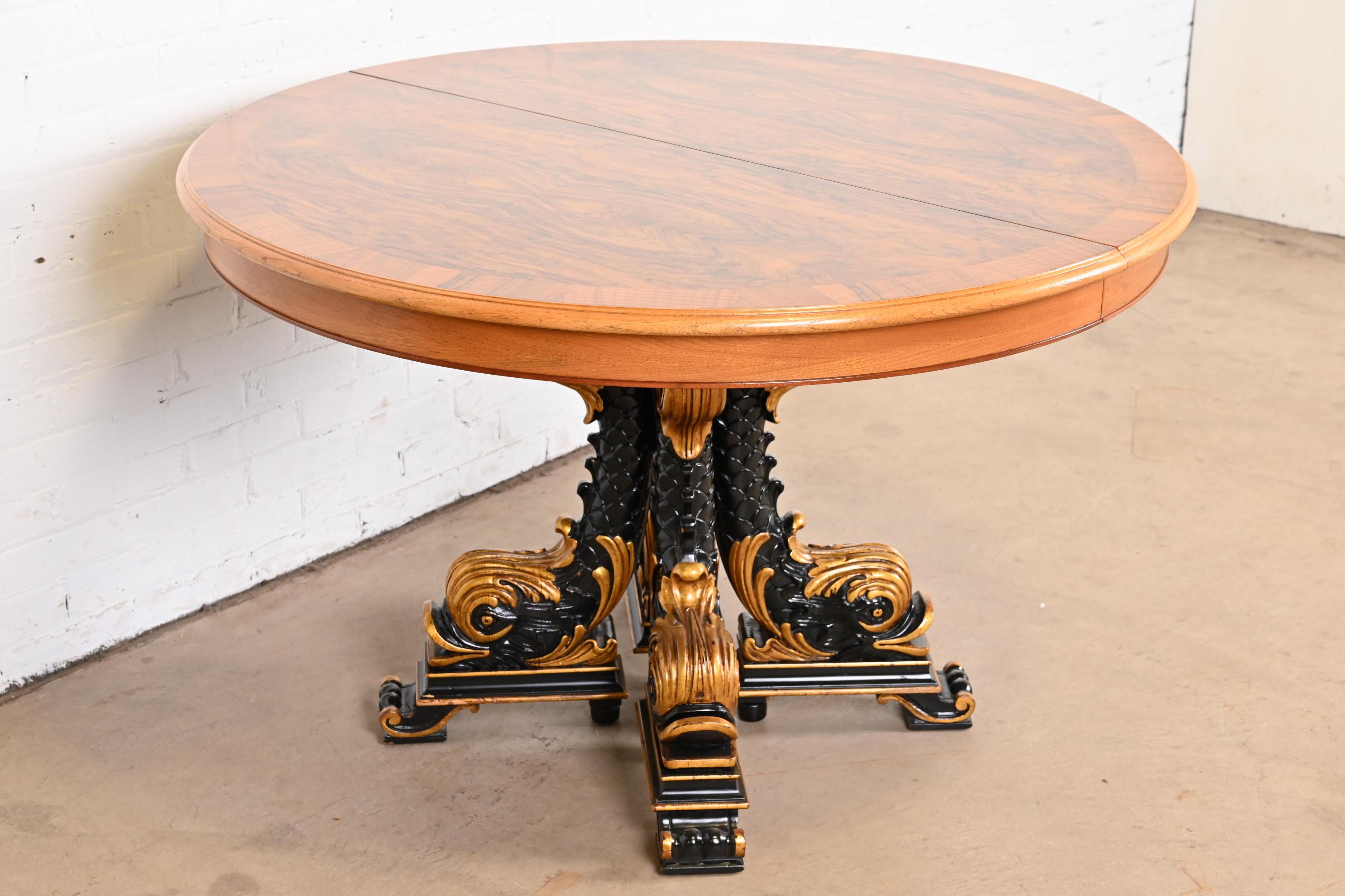 Karges Regency Burled Walnut Dolphin Base Extension Dining Table, Newly Restored 8