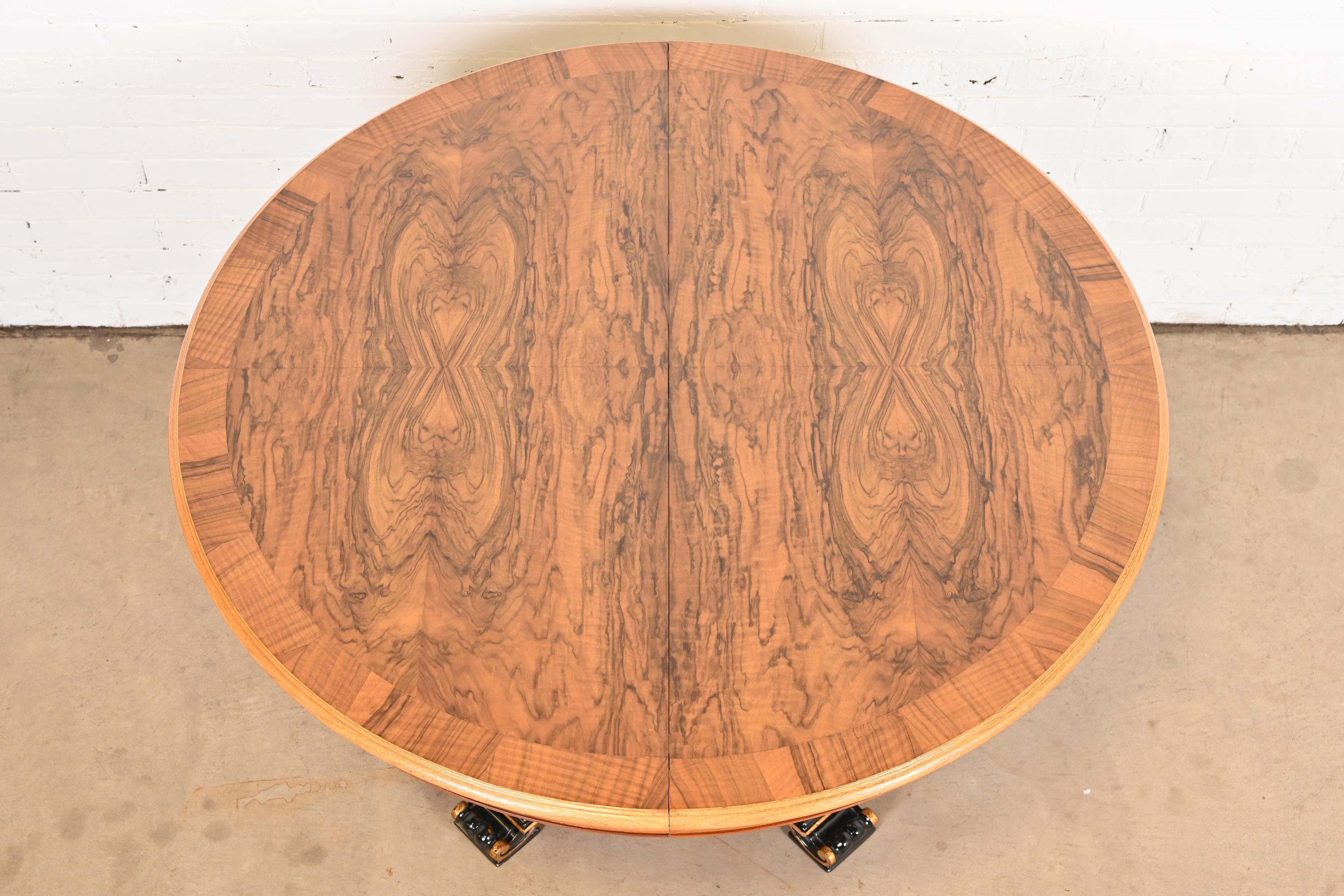 Karges Regency Burled Walnut Dolphin Base Extension Dining Table, Newly Restored 10