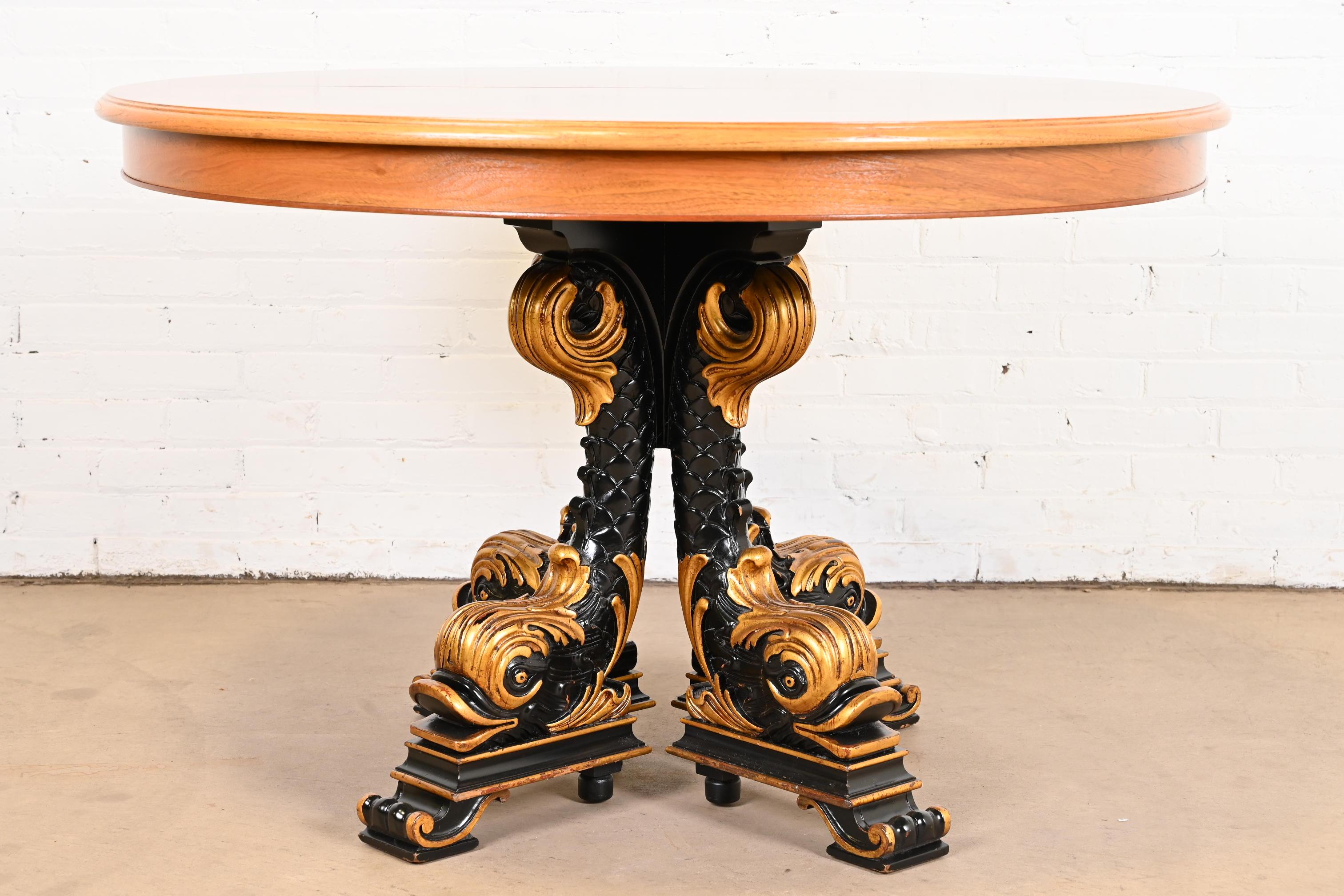 Karges Regency Burled Walnut Dolphin Base Extension Dining Table, Newly Restored 14