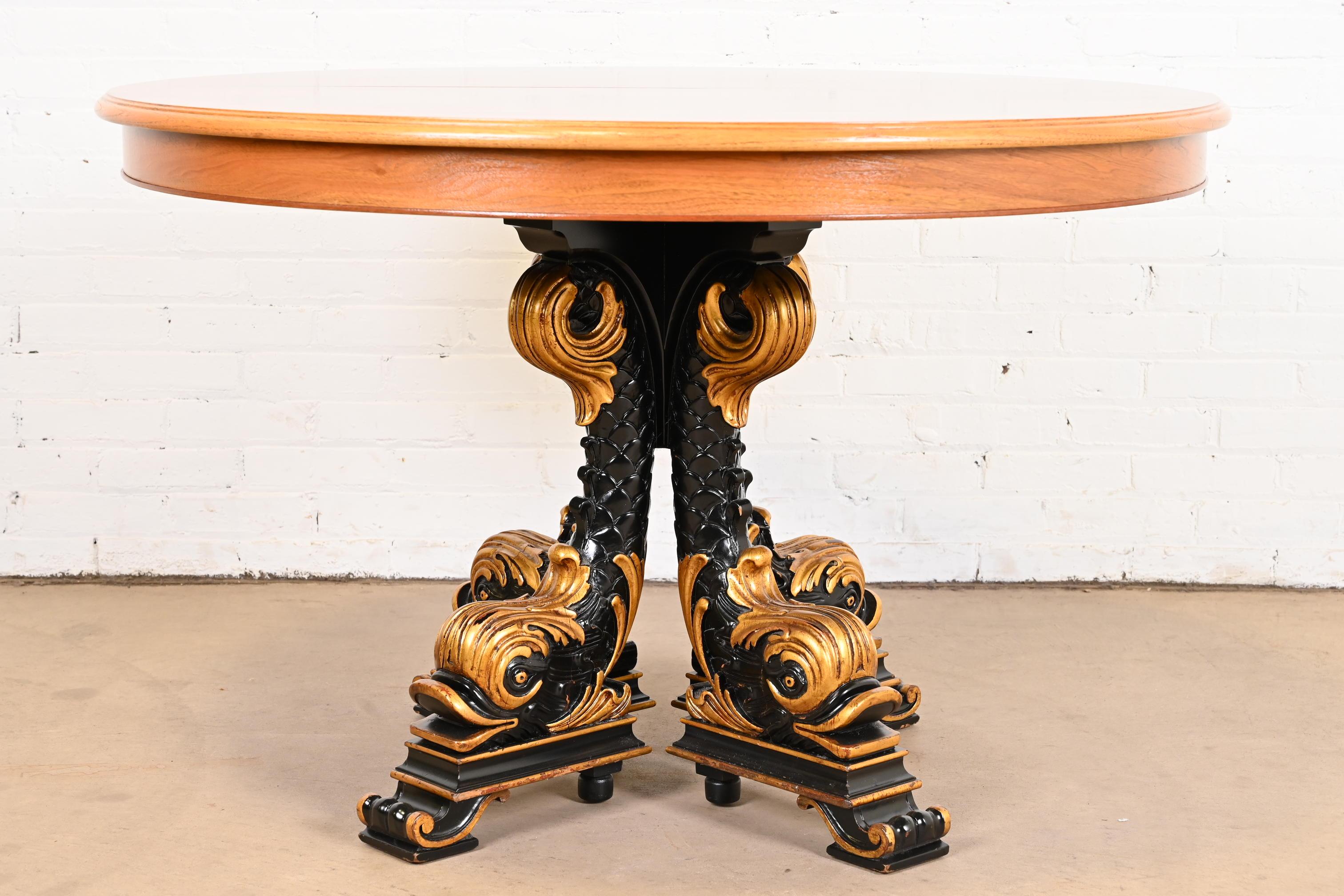 Karges Regency Burled Walnut Dolphin Base Extension Dining Table, Newly Restored 13