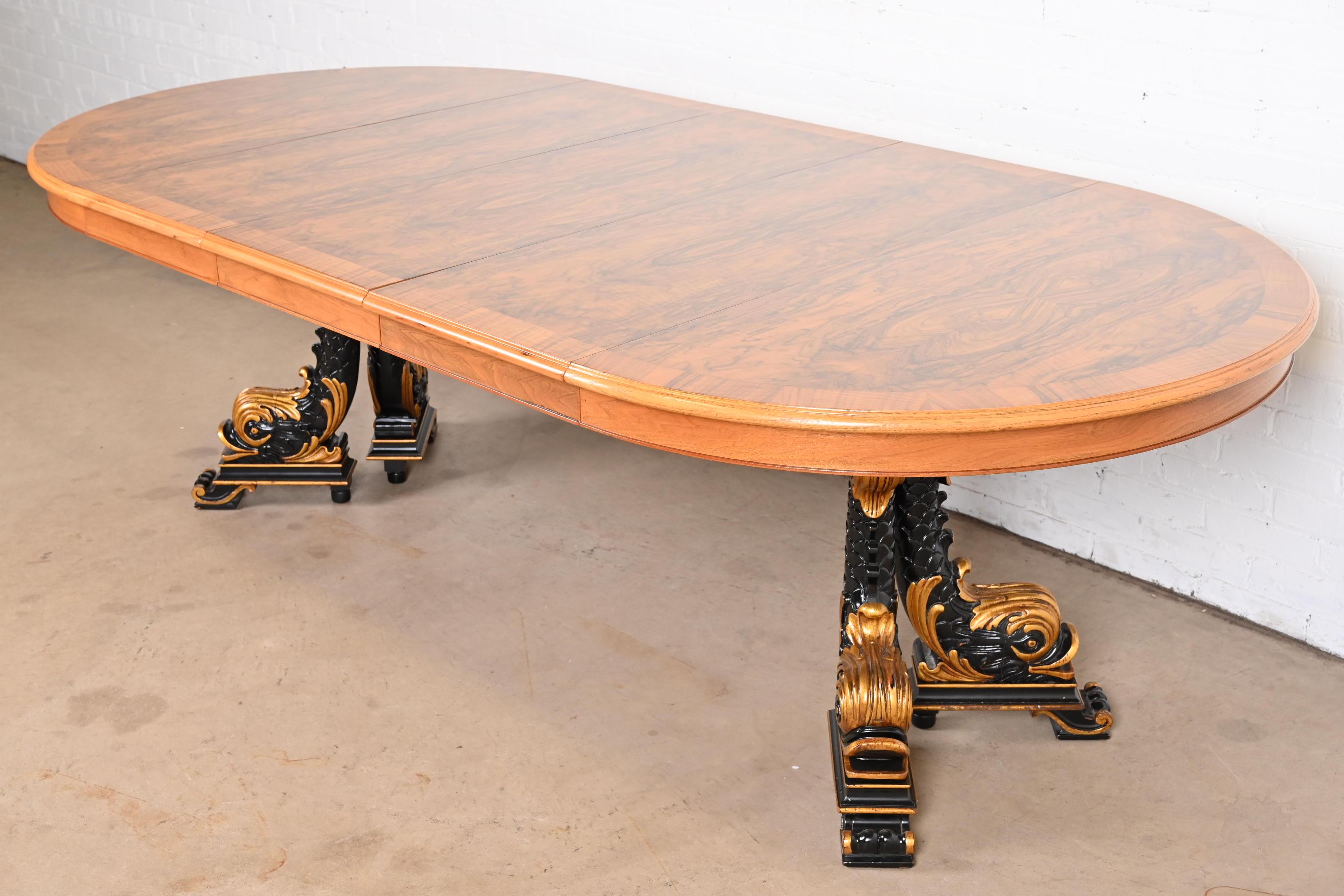 American Karges Regency Burled Walnut Dolphin Base Extension Dining Table, Newly Restored