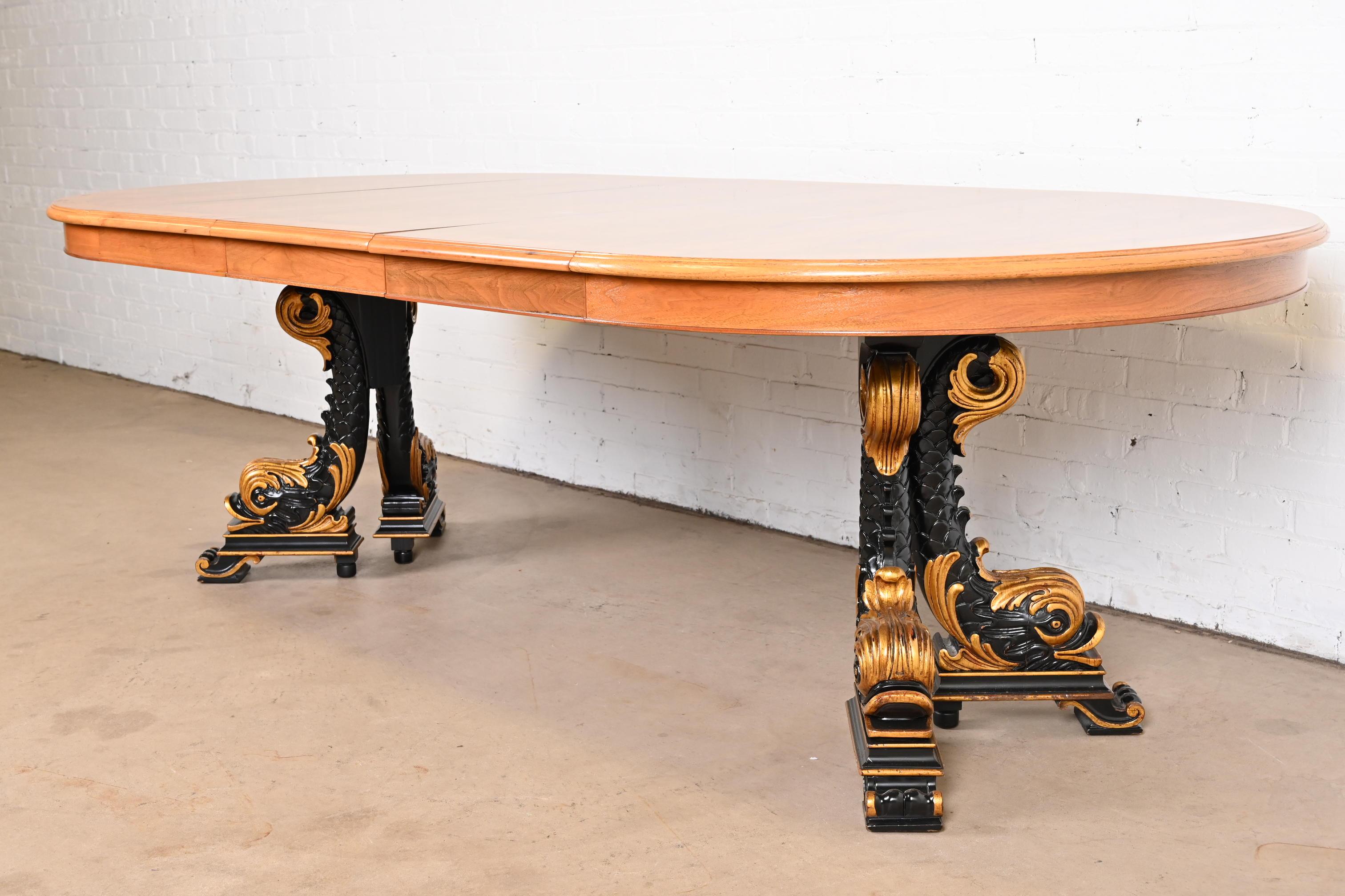 Karges Regency Burled Walnut Dolphin Base Extension Dining Table, Newly Restored In Good Condition In South Bend, IN