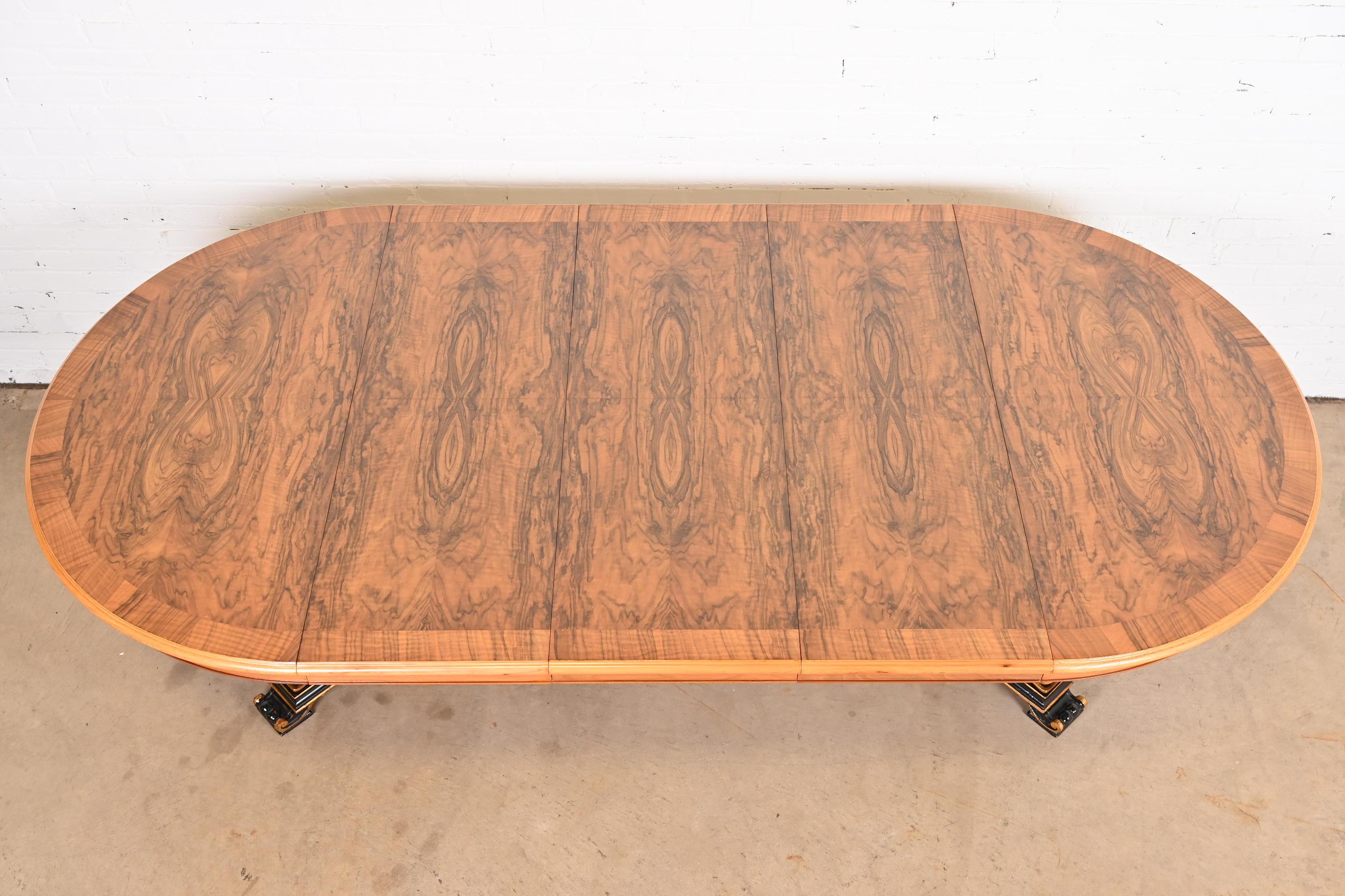 Karges Regency Burled Walnut Dolphin Base Extension Dining Table, Newly Restored 2