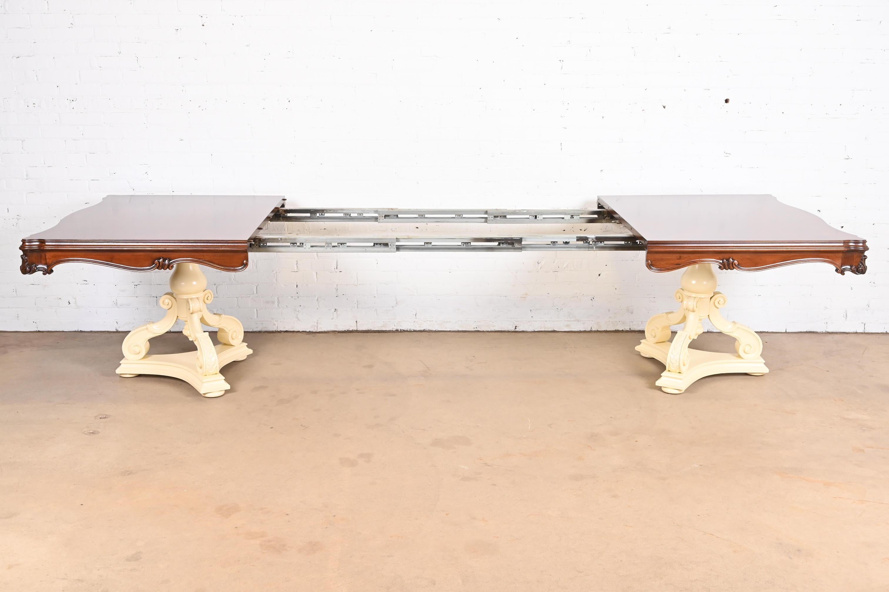 Karges Regency Burled Walnut Double Pedestal Extension Dining Table, Refinished For Sale 6