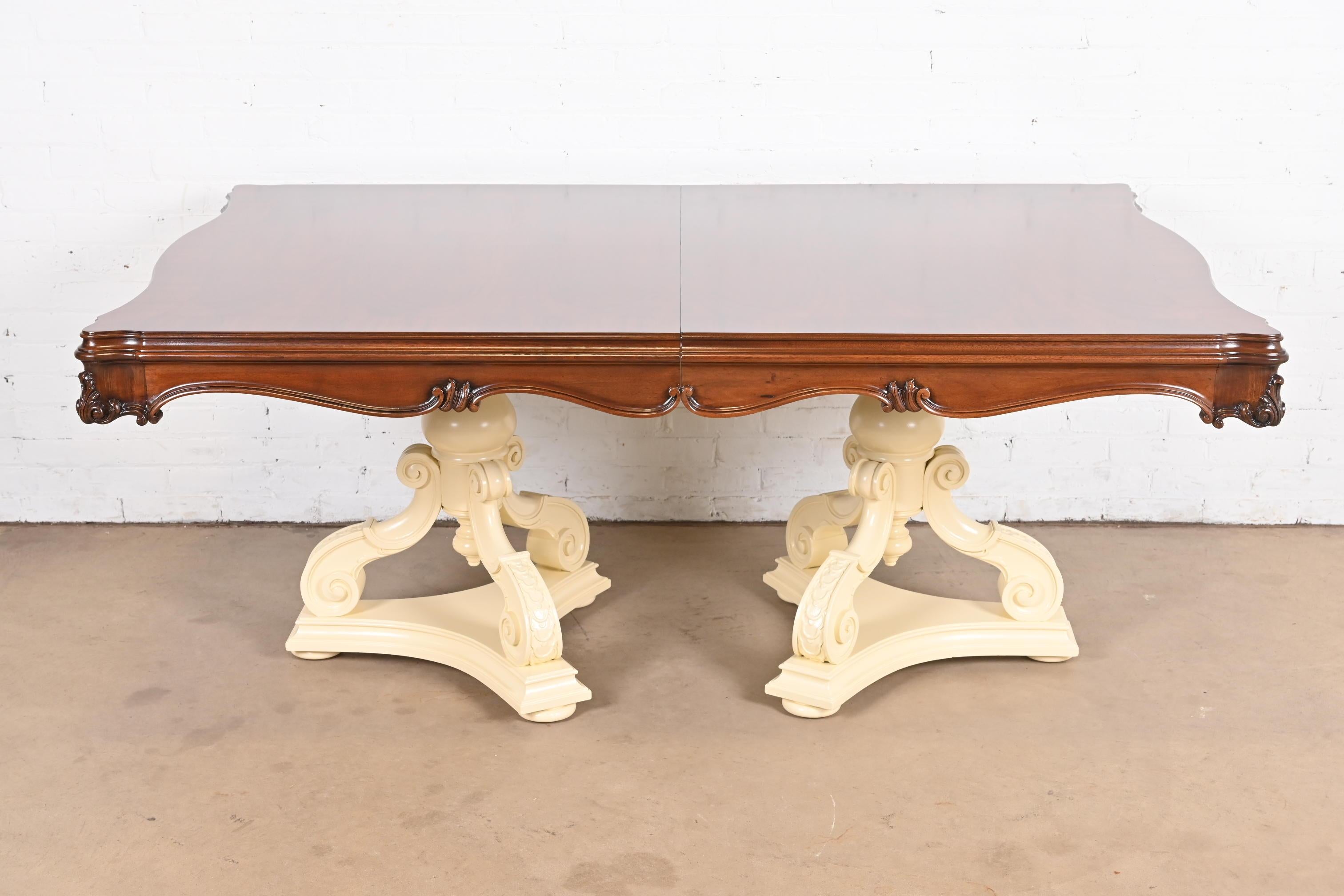 Karges Regency Burled Walnut Double Pedestal Extension Dining Table, Refinished For Sale 7
