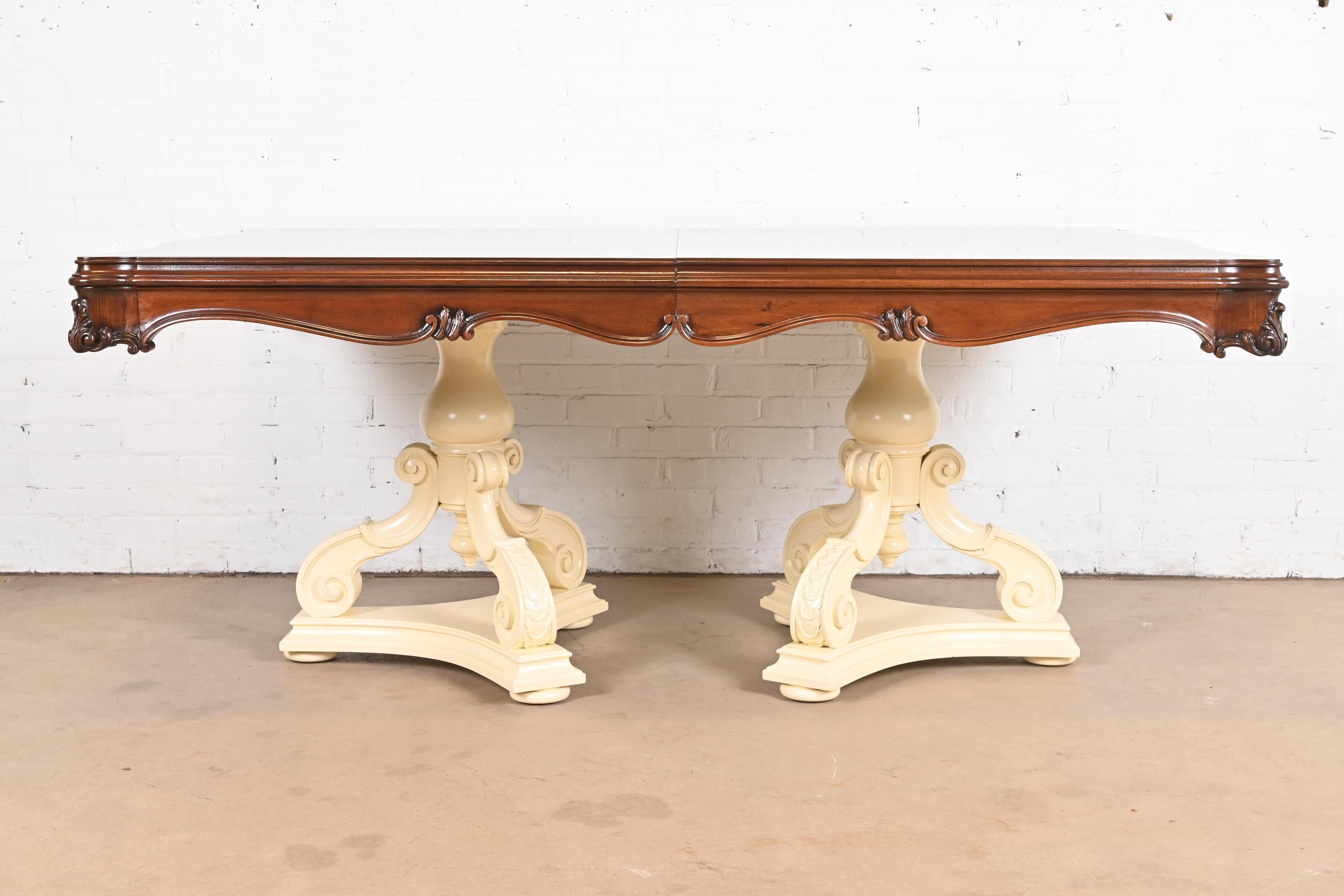 Karges Regency Burled Walnut Double Pedestal Extension Dining Table, Refinished For Sale 8