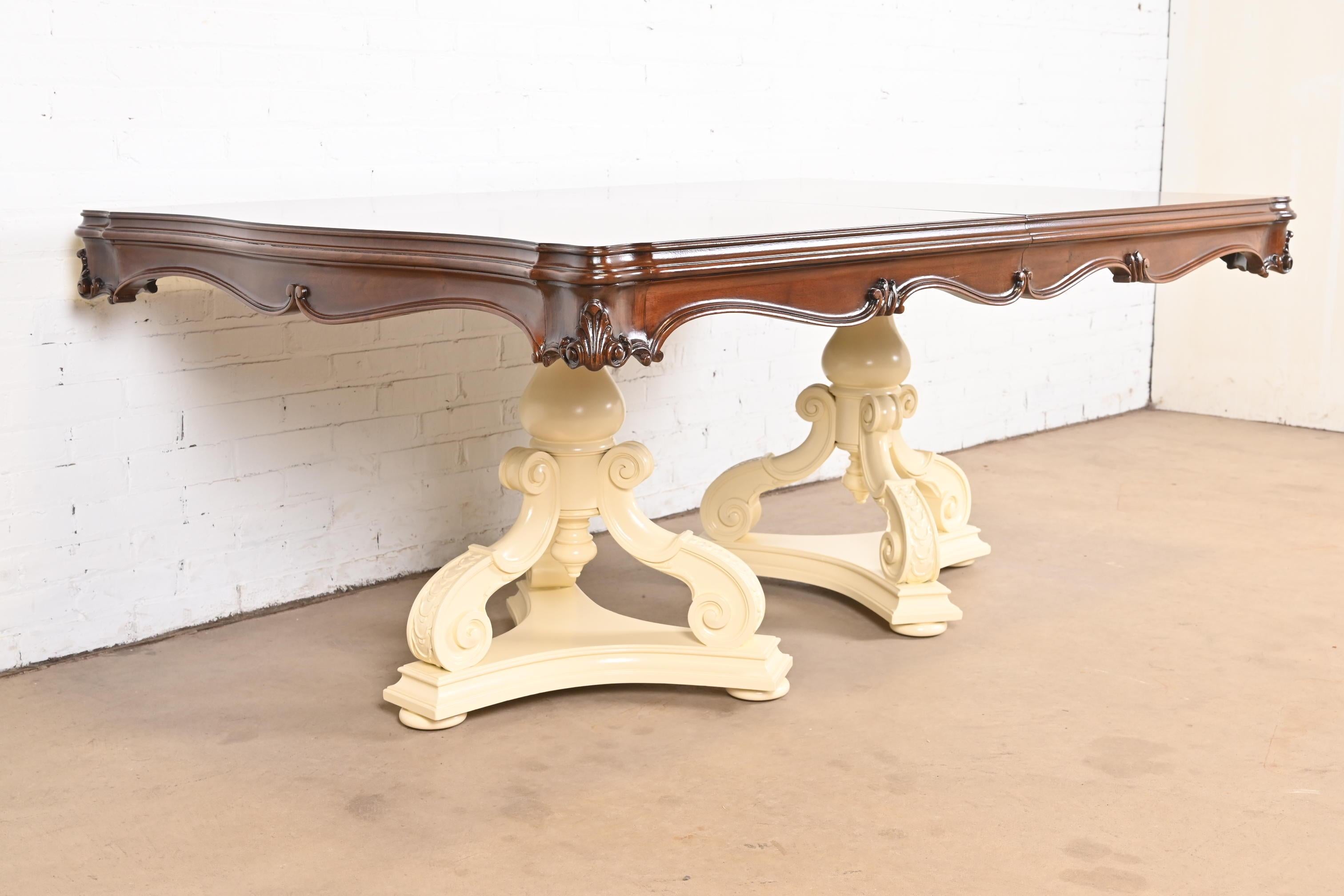 Karges Regency Burled Walnut Double Pedestal Extension Dining Table, Refinished For Sale 11