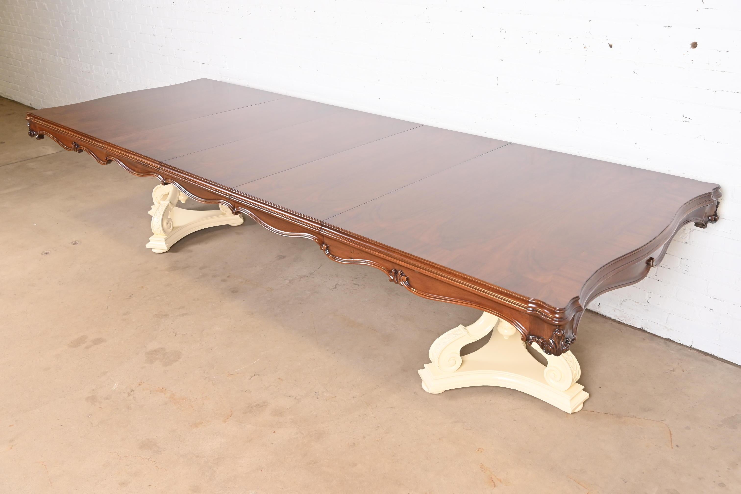Karges Regency Burled Walnut Double Pedestal Extension Dining Table, Refinished In Good Condition For Sale In South Bend, IN