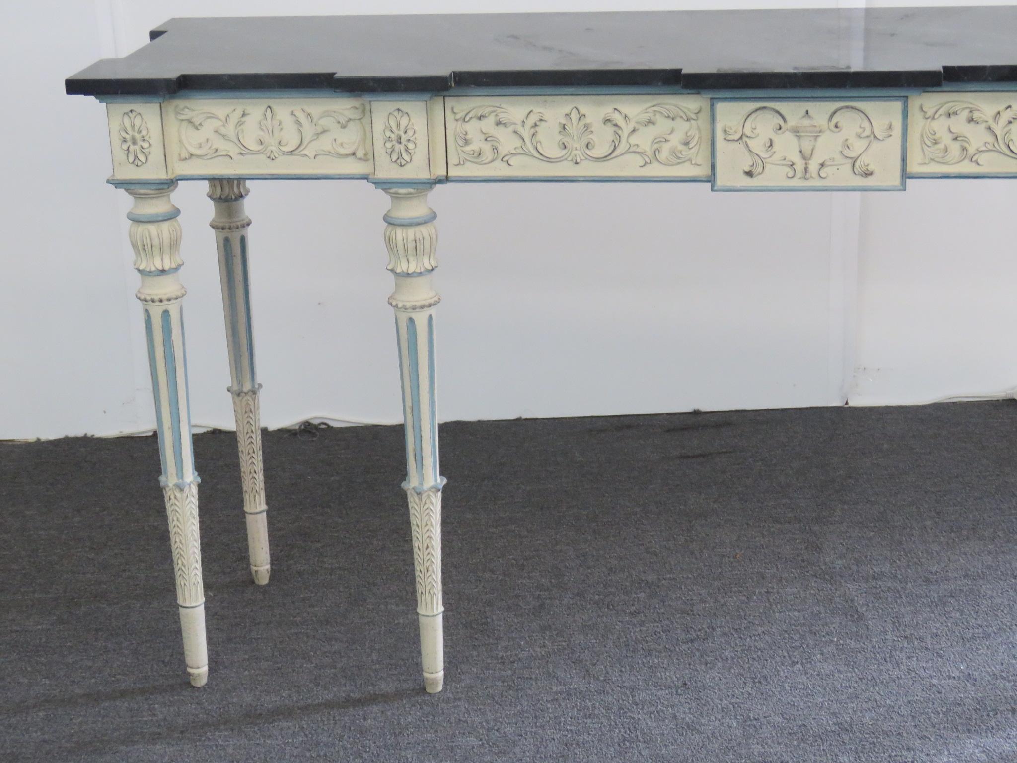Karges Swedish style 1 drawer distressed painted console table with a faux marble top.