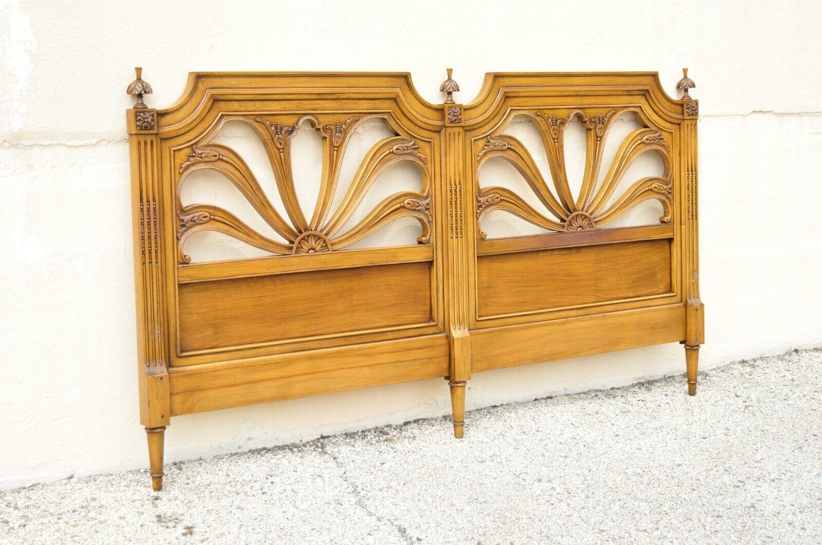 Karges Vintage French Regency Hollywood Regency walnut king size bed headboard. Item features carved wooden finials, fan carved details, tapered legs, very nice vintage item, quality American craftsmanship, great style and form. Circa mid-20th