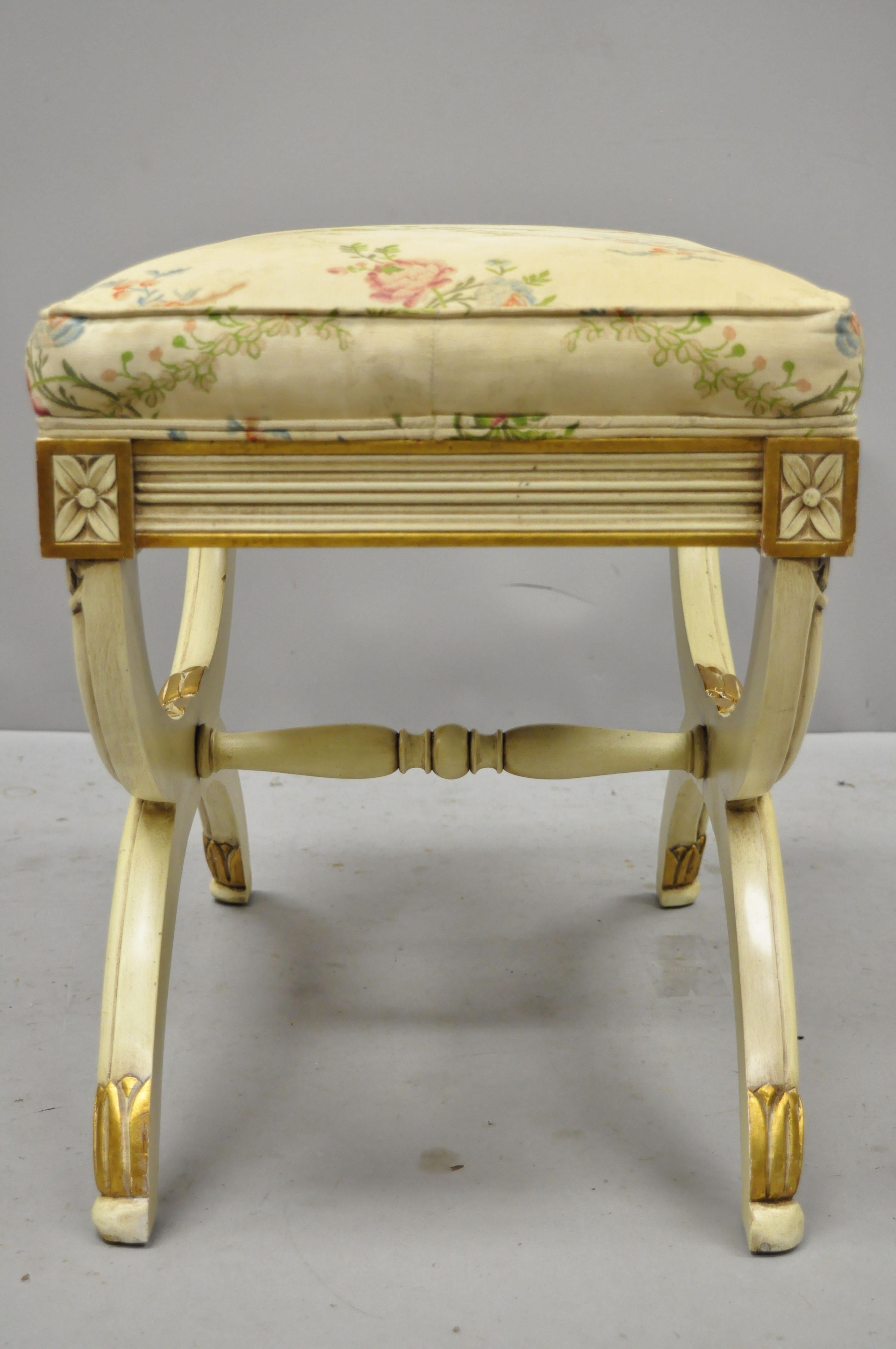 Karges X Frame French Neoclassical Regency Style Cream Gold Curule Bench Stool 6