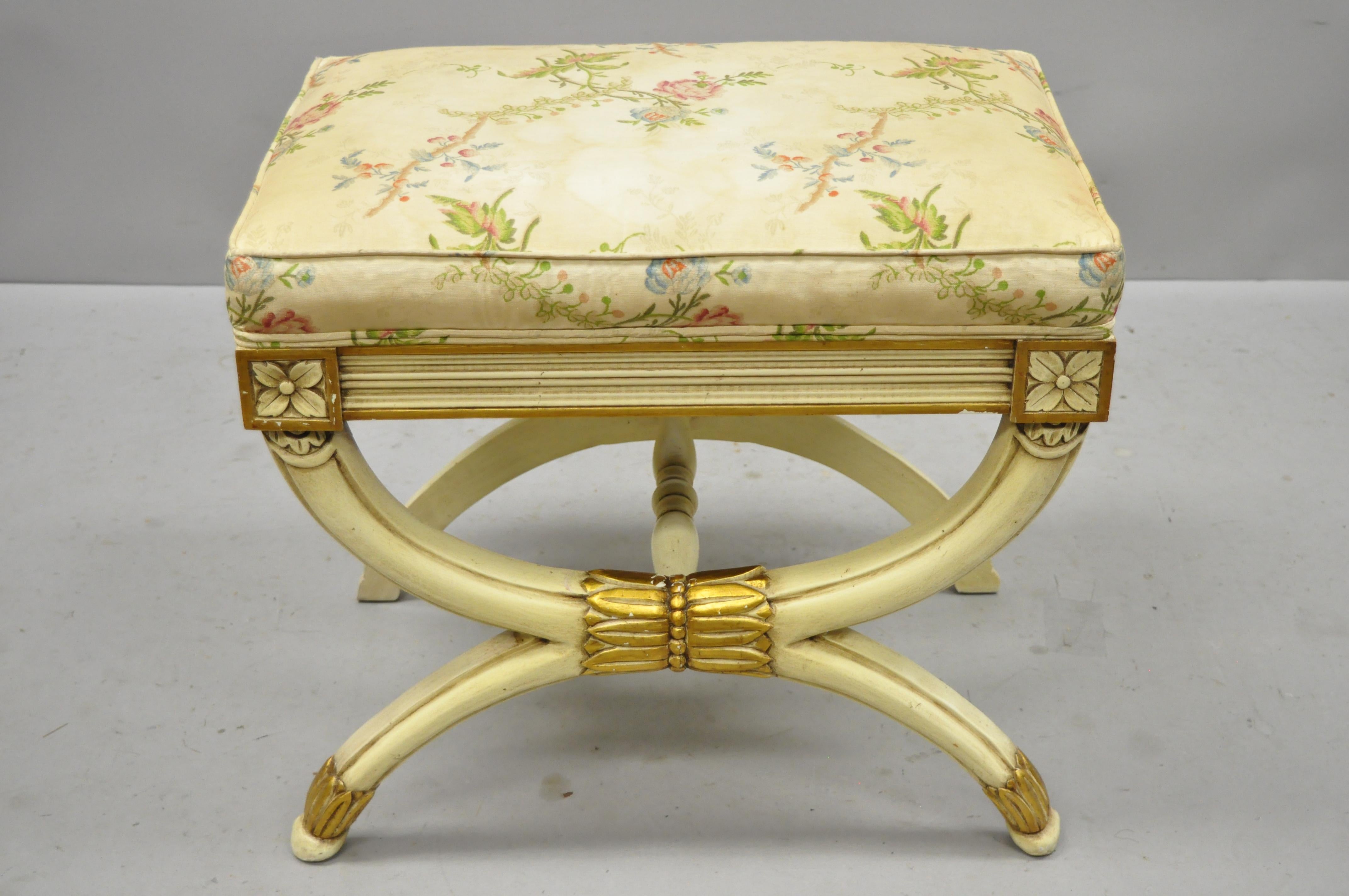 Karges X frame French neoclassical Regency style Curule bench stool. Item features old and cream painted finish, Curule X frame base, solid wood frame, upholstered seat, original label, great style and form, circa mid-20th century. Measurements: