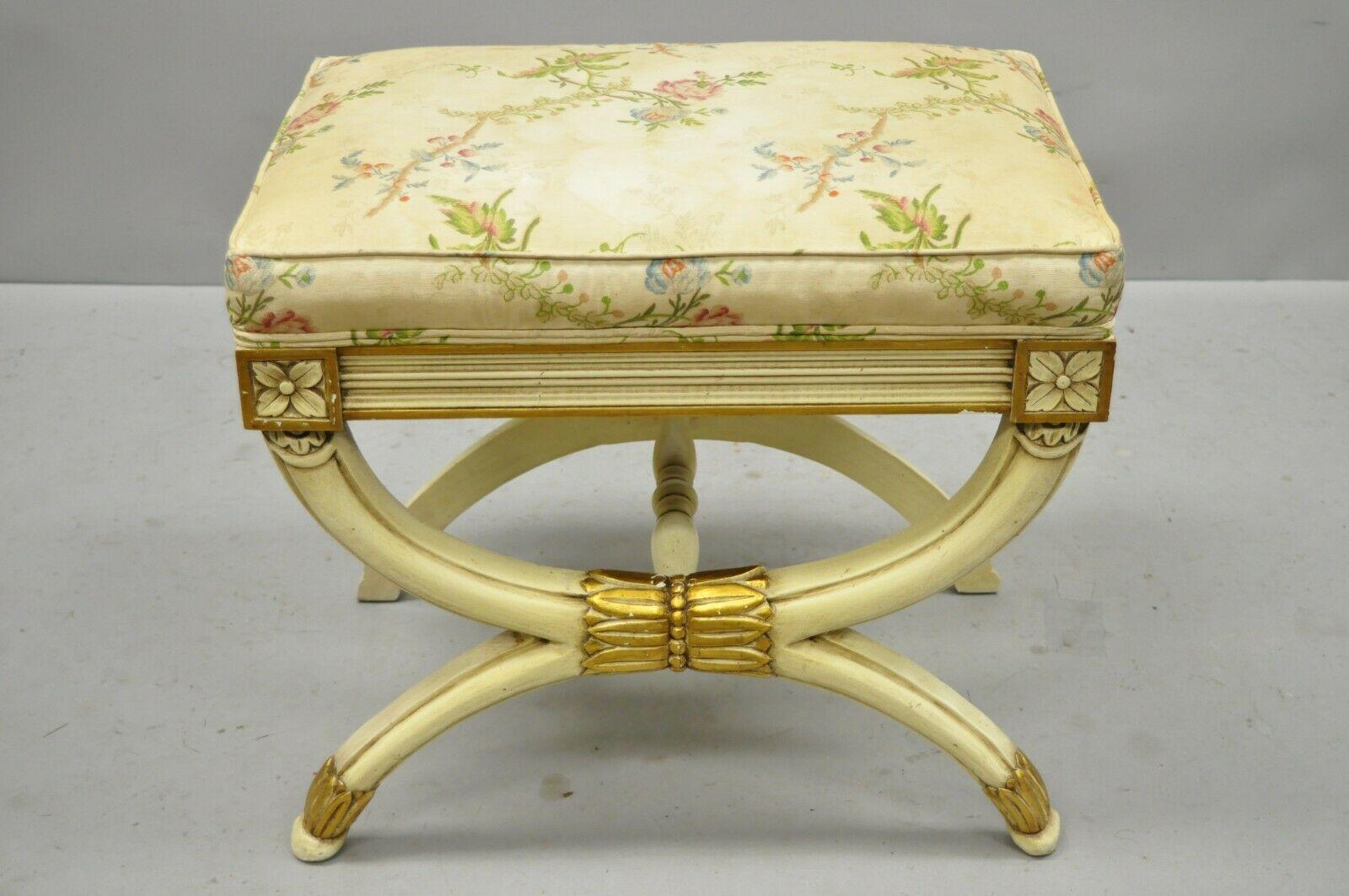 Karges X Frame French Neoclassical Regency Style Curule Bench Stool. Item features gold and cream painted finish, curule x frame base, solid wood frame, upholstered seat, original label, great style and form. Mid 20th Century. Measurements: 19.5