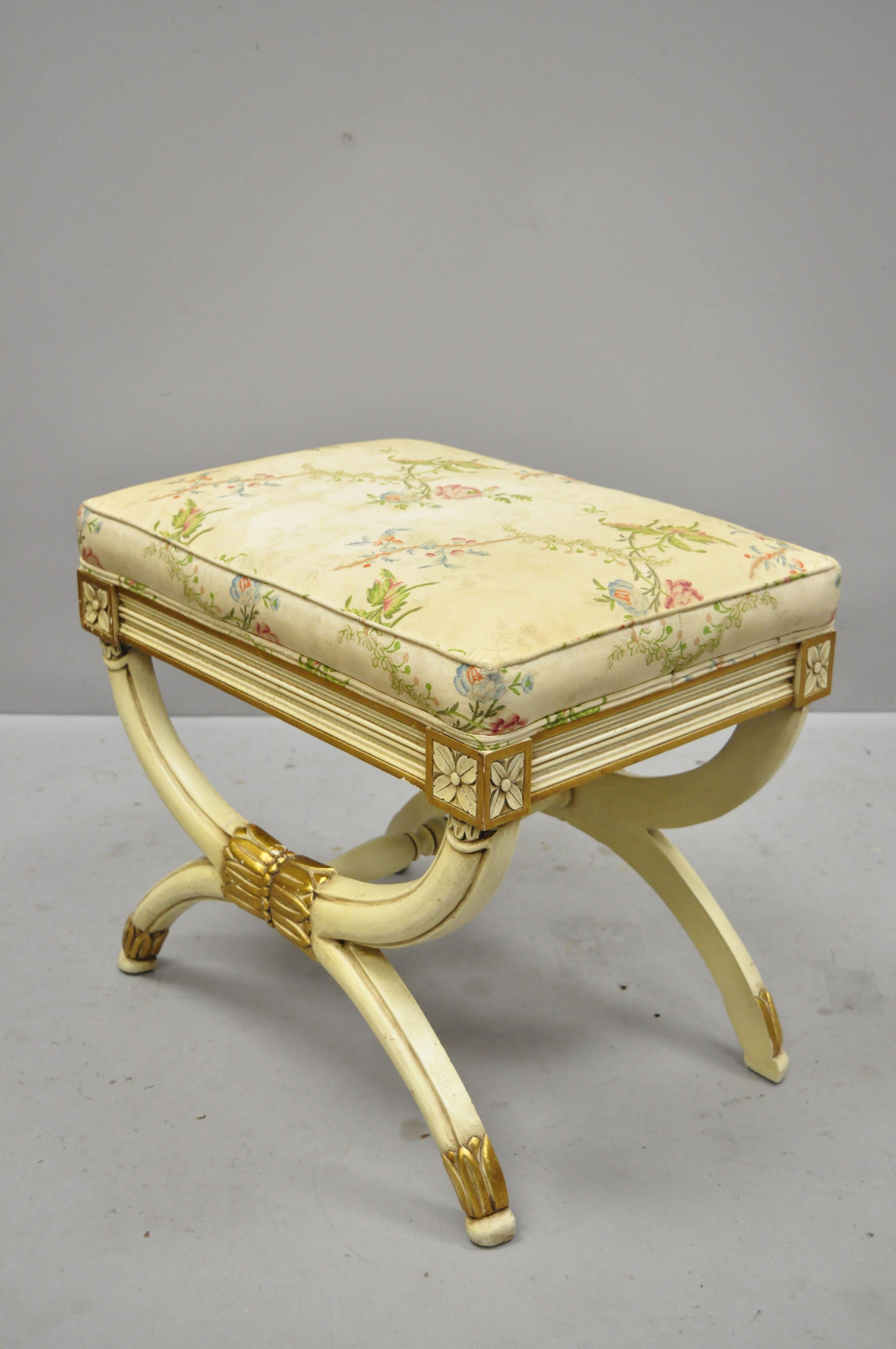 American Karges X Frame French Neoclassical Regency Style Cream Gold Curule Bench Stool