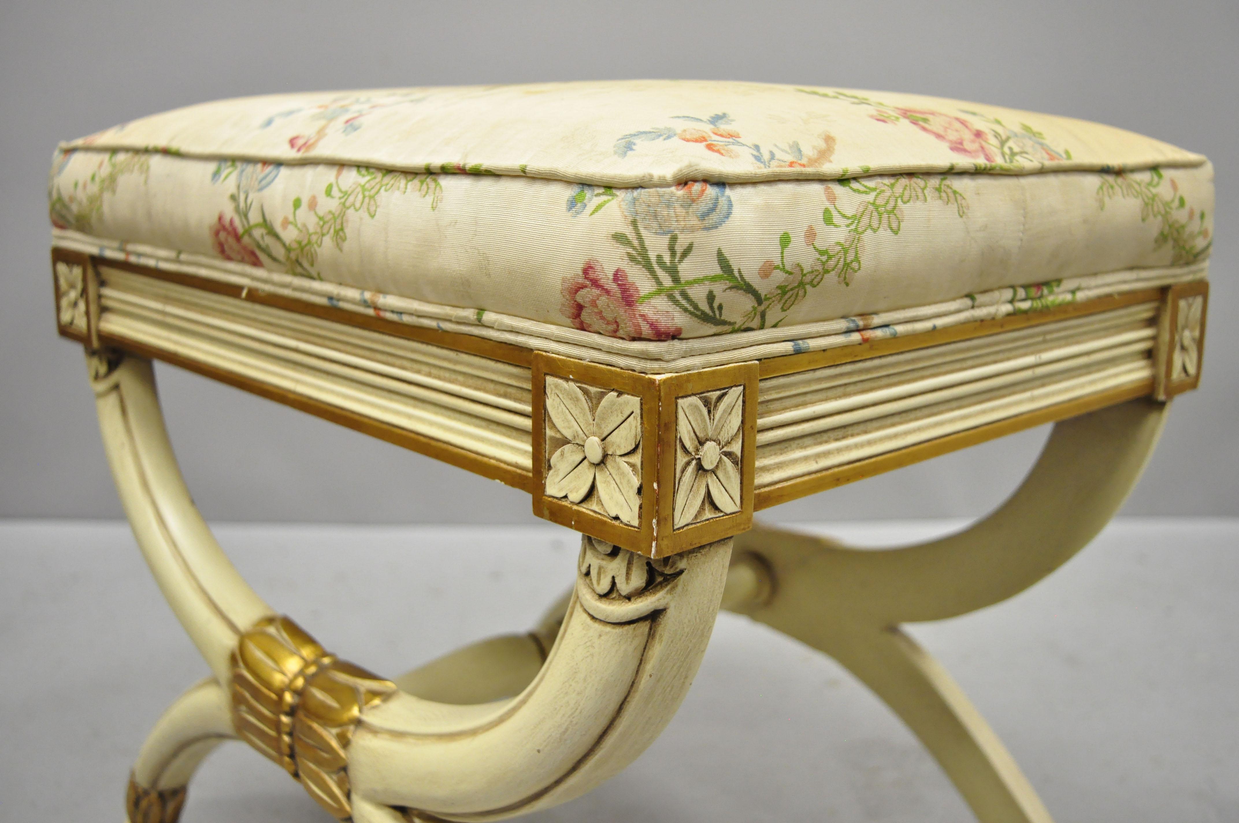 20th Century Karges X Frame French Neoclassical Regency Style Cream Gold Curule Bench Stool