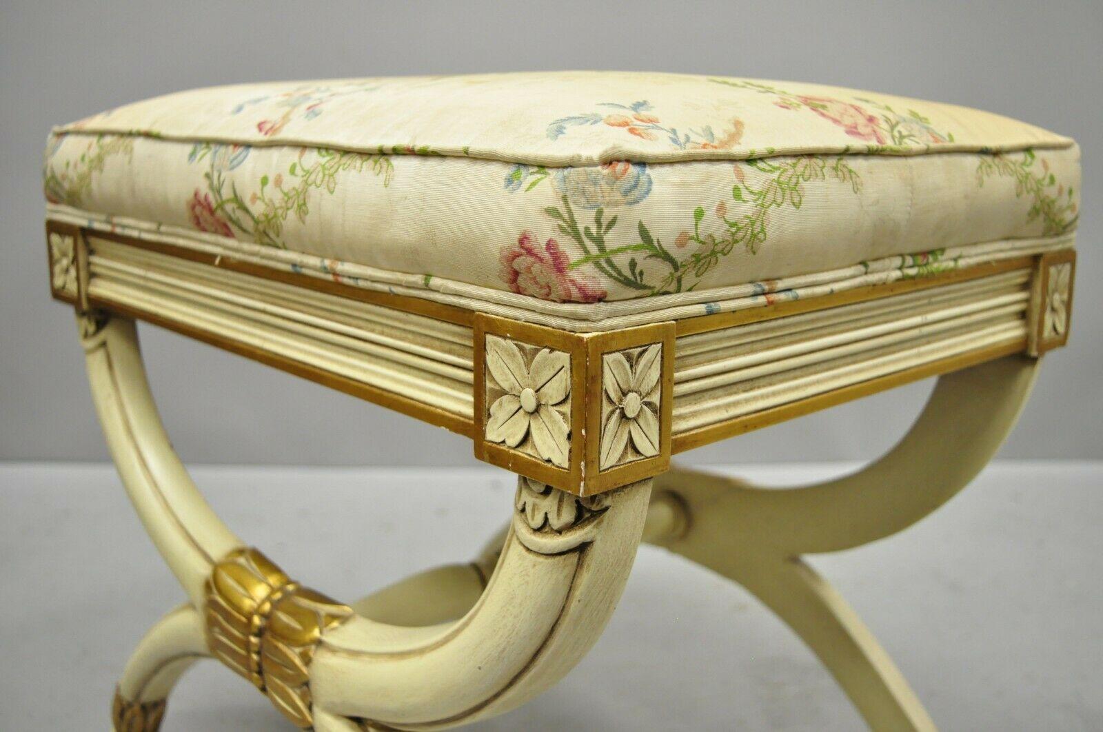 Fabric Karges X Frame French Neoclassical Regency Style Cream Gold Curule Bench Stool