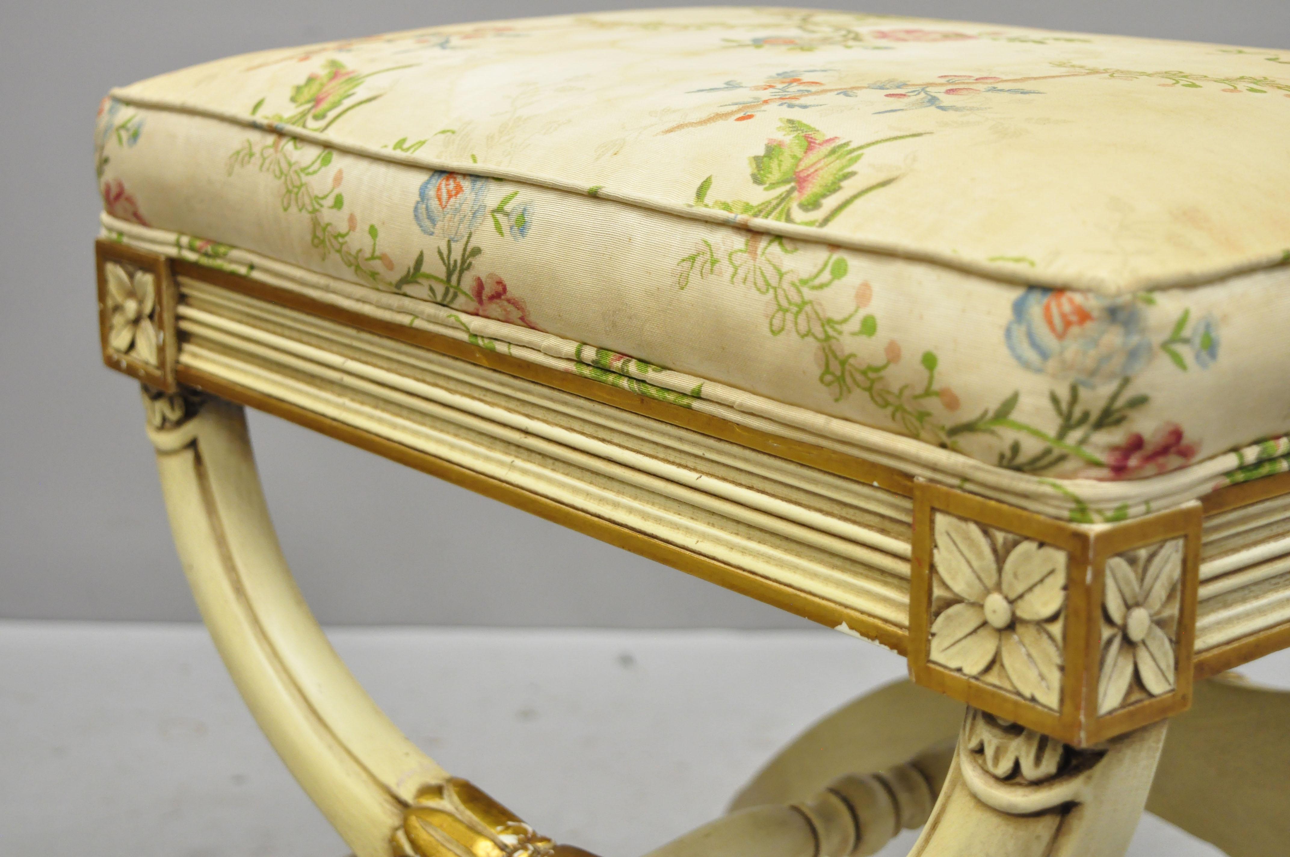 Fabric Karges X Frame French Neoclassical Regency Style Cream Gold Curule Bench Stool