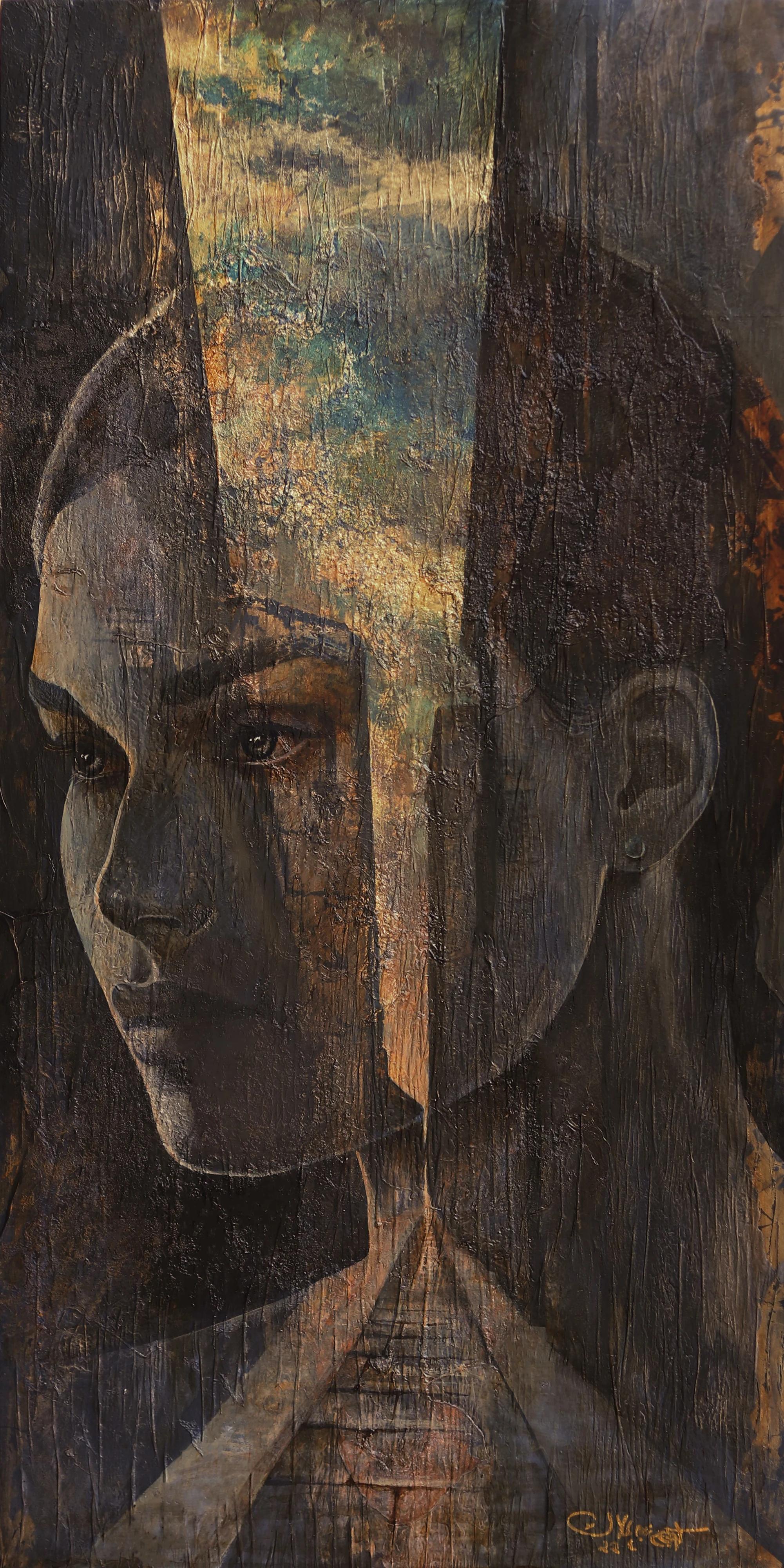 "Womanhood" Painting 47" x 24" inch by Karim Abd Elmalak

Karim Abdel Malak's layered multi-media works are influenced by the old masters. 
Abdel Malak textured oils are a celebration of the female identity in every sense of the word. His beautiful