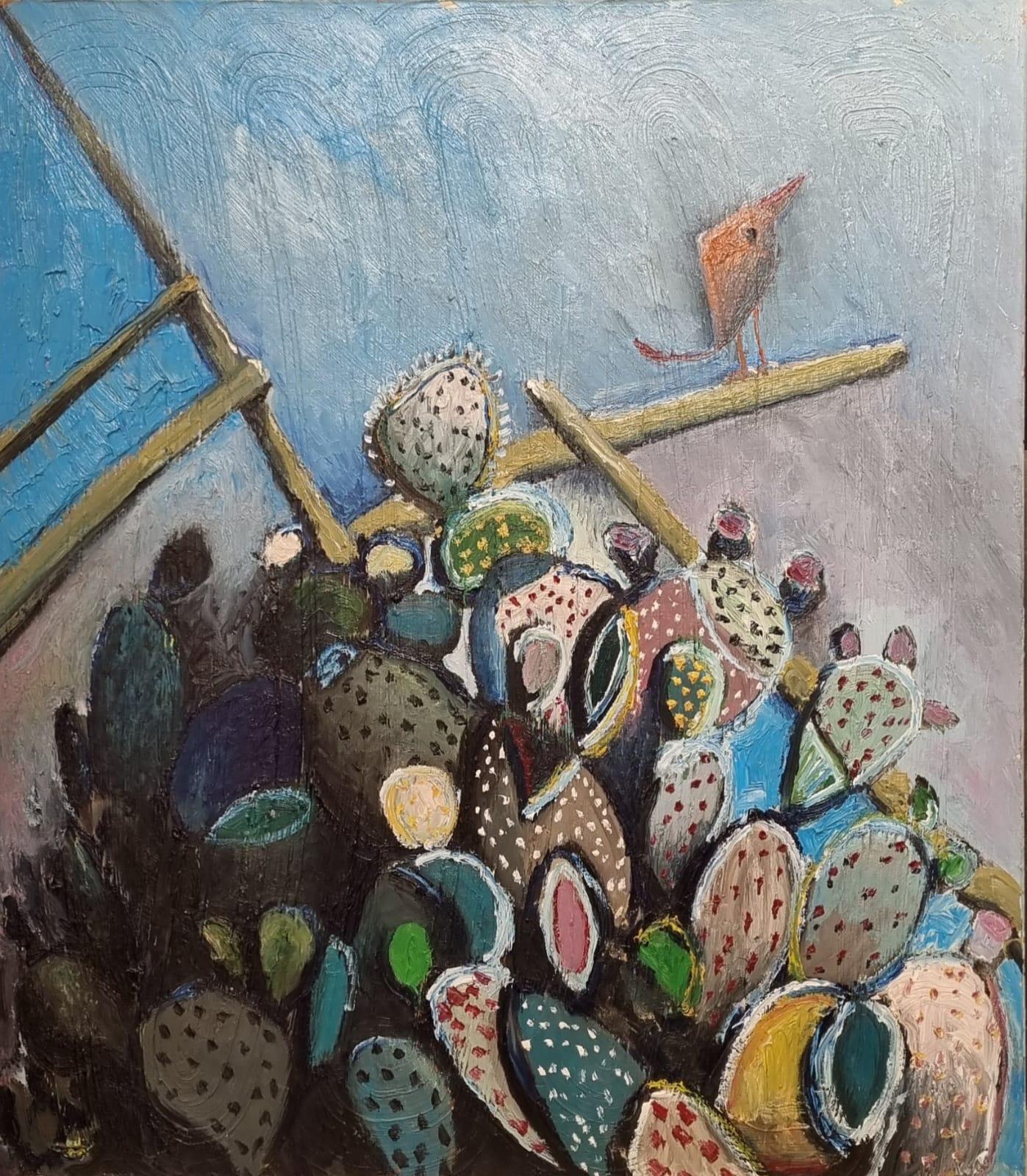 Karim Abu Shakra Figurative Painting – Cactus und Vogel