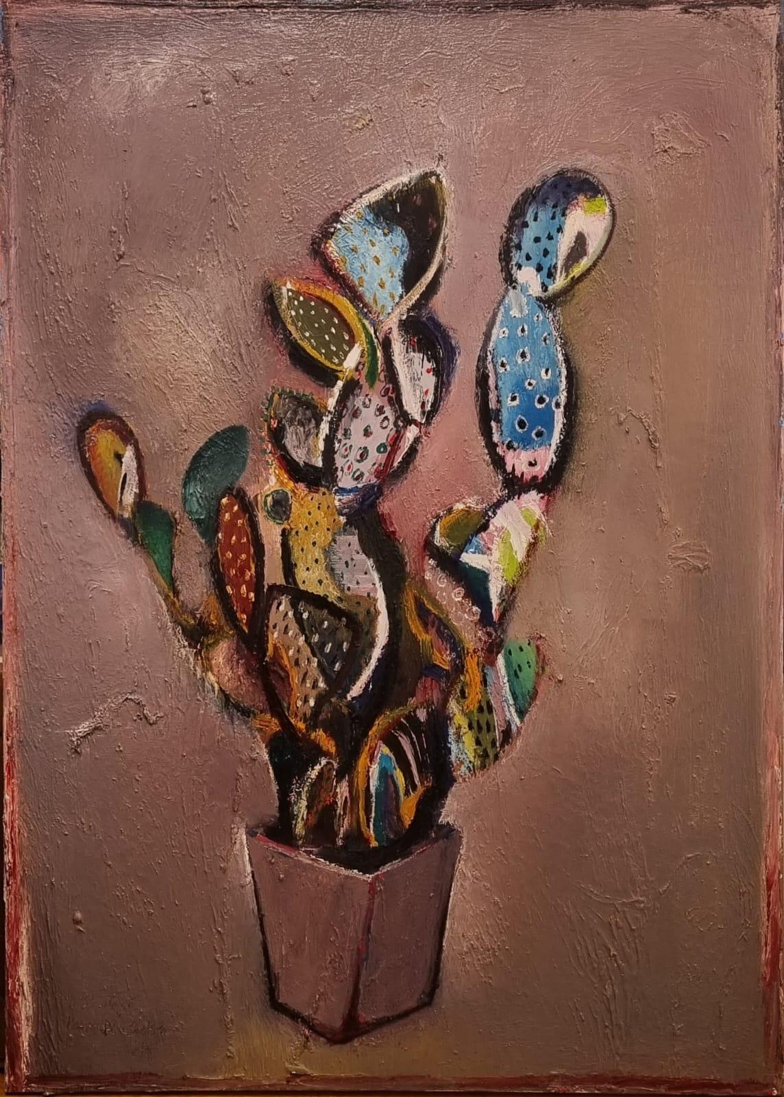 Cactus su Purole - Figurative Painting Marrone di Karim Abu Shakra