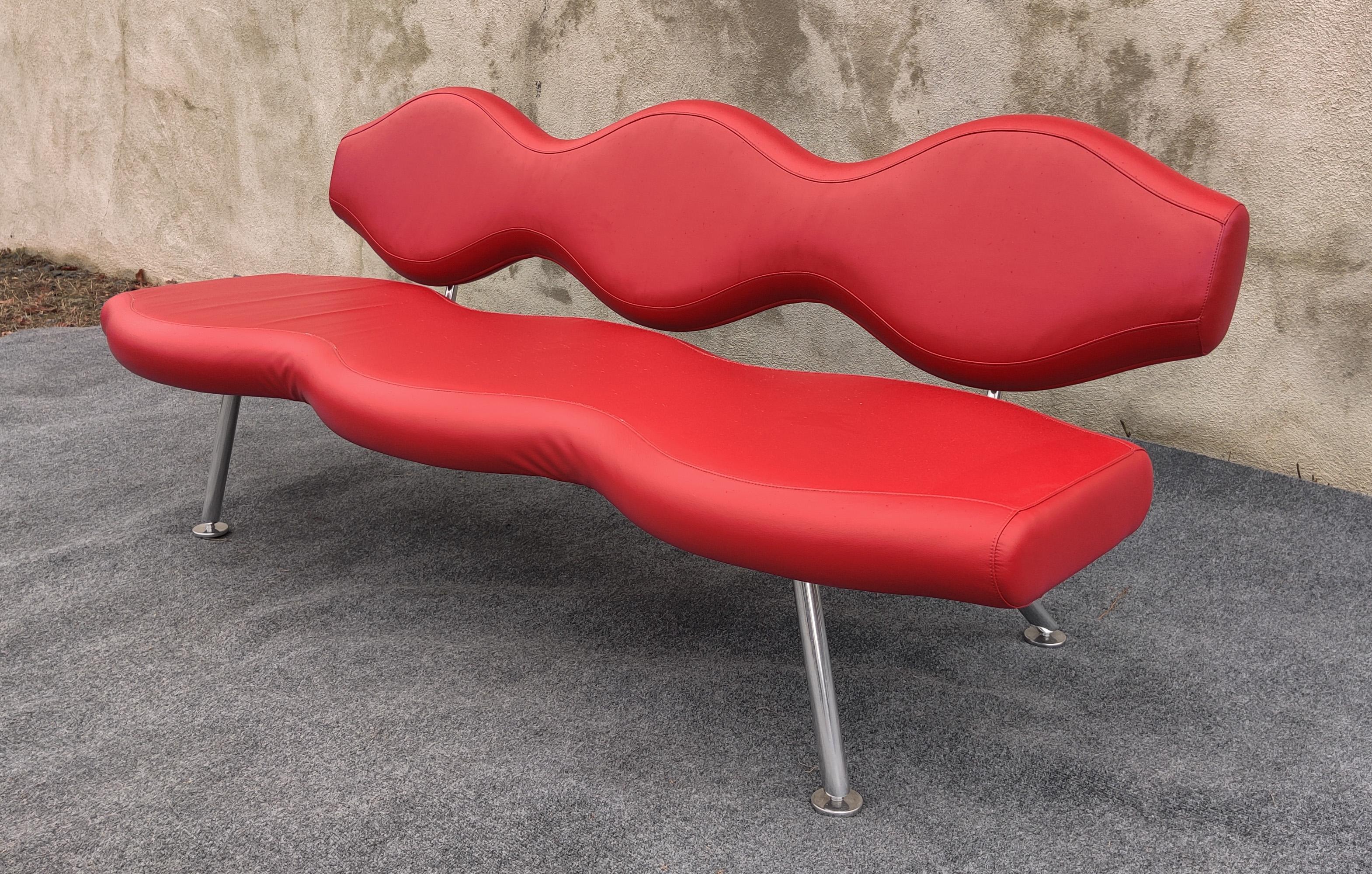 Designed by Karim Rashid, and made in Canada by Nienkamper, this sofa was originally designed without home use in mind. Intended for public and retail use, it has since found its way into the home furniture market as well. With its precise