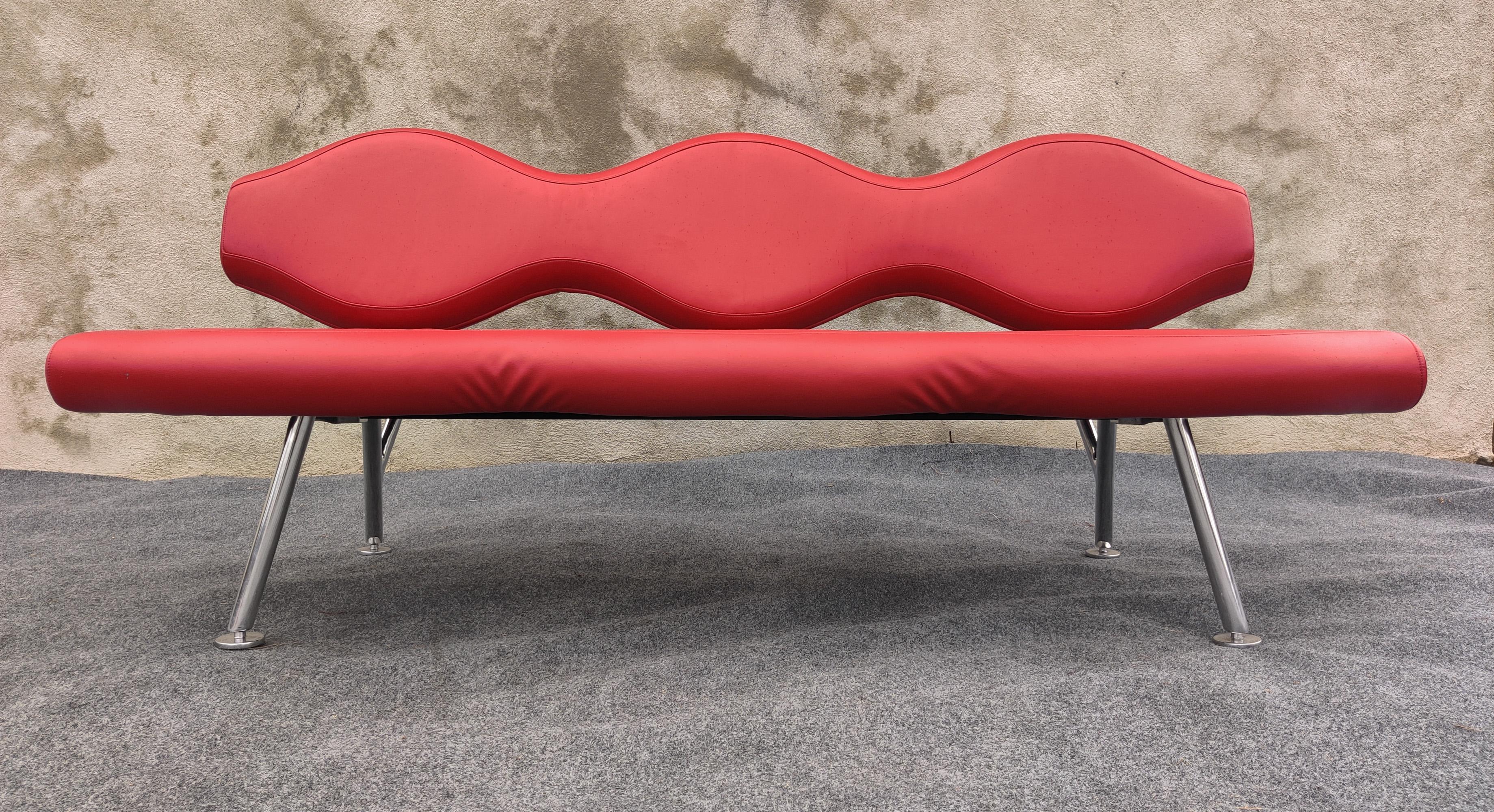 Canadian Karim Rashid for Nienkamper Verde Red Leather & Aluminum Modern 3-Seat Sofa For Sale
